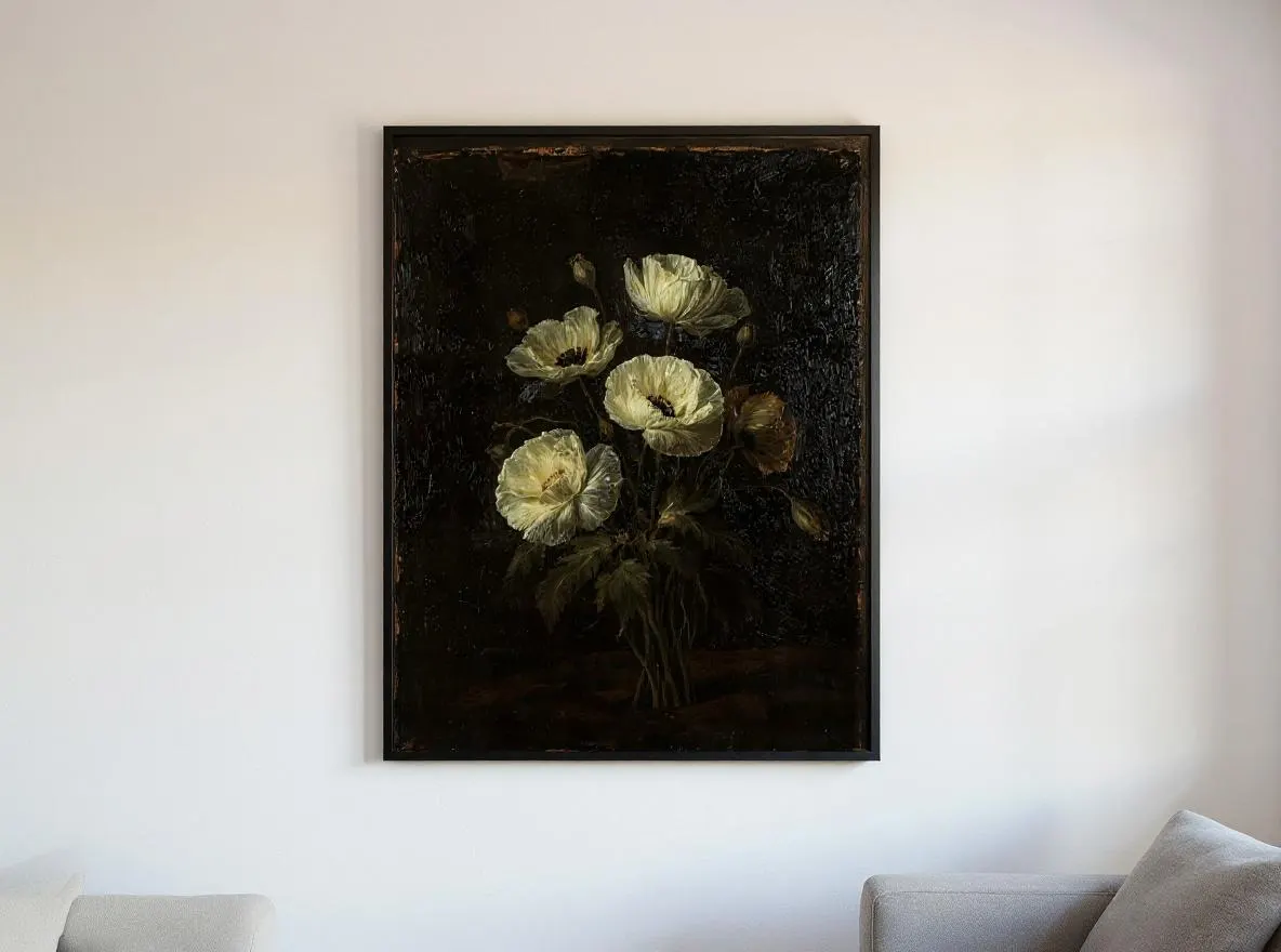 Dark Poppy Wall Art | Moody White Floral Oil Painting Print | Vintage Botanical Home Decor | Instant Digital Download