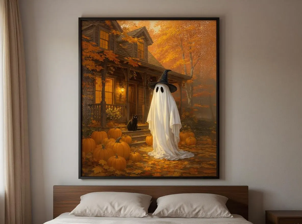 Halloween Ghost Print | Witch Hat Ghost & Black Cat Wall Art | Cottagecore Fall Pumpkin Decor | Rustic Autumn Printable Download - image 5