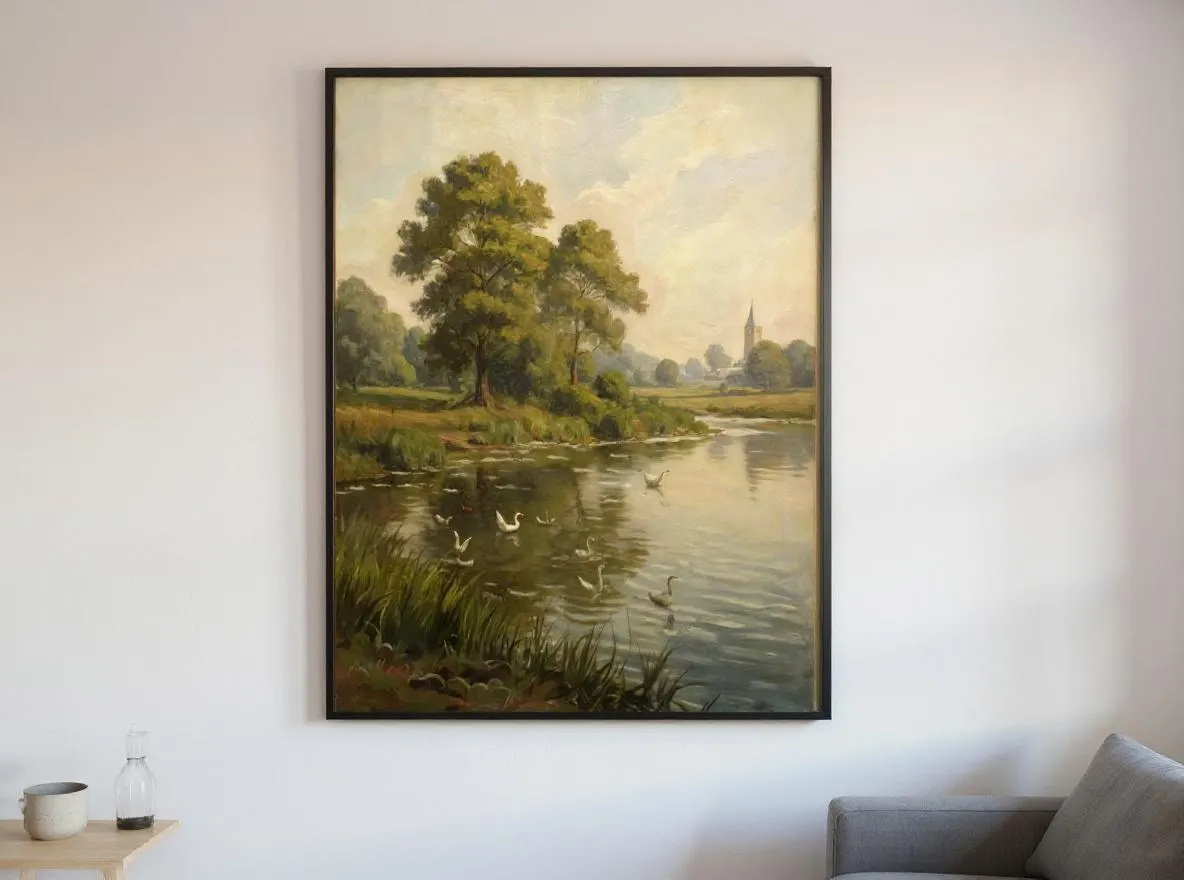 Vintage River Landscape Art | Swans & Ducks Oil Painting Print | Country Pastoral Wall Decor | Antique Nature Printable Download
