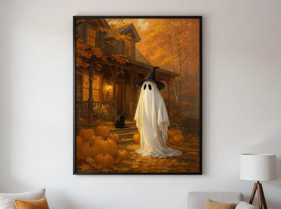 Halloween Ghost Print | Witch Hat Ghost & Black Cat Wall Art | Cottagecore Fall Pumpkin Decor | Rustic Autumn Printable Download