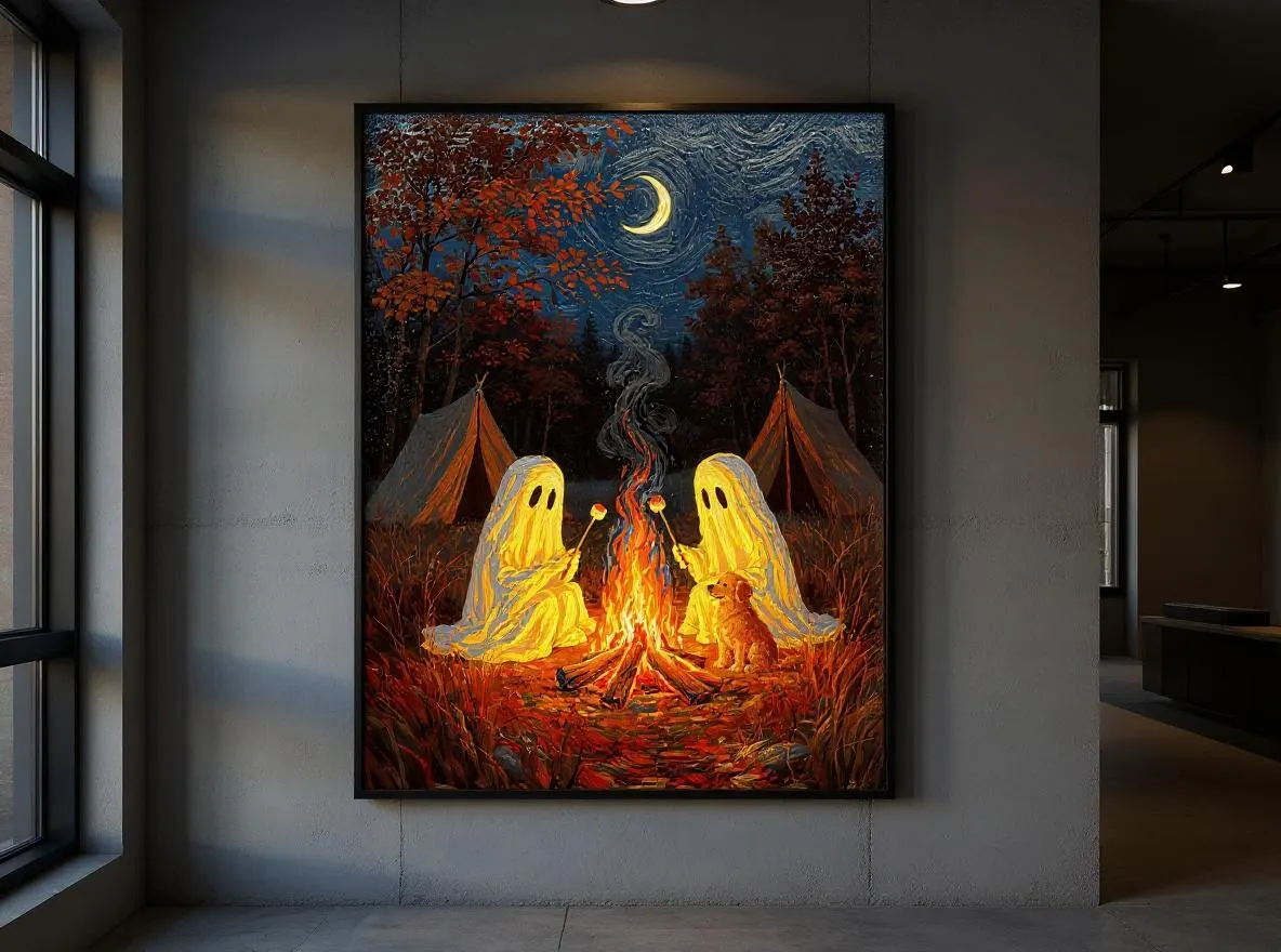Cozy Ghost Camping Print | Halloween Campfire Wall Art | Autumn Forest Ghosts Roasting Marshmallows | Fall Digital Download - image 4
