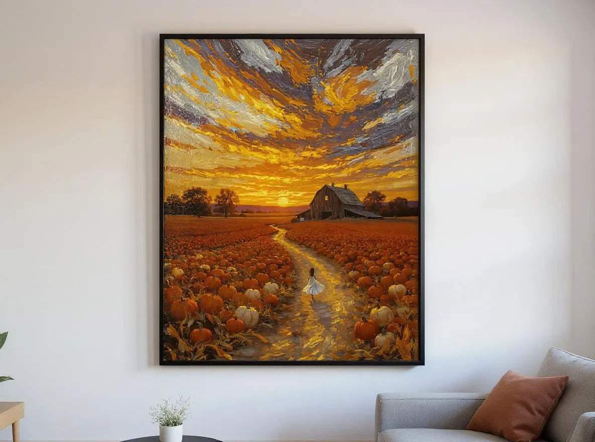 Pumpkin Patch Sunset Print | Impressionist Autumn Landscape Wall Art | Rustic Barn Fall Decor | Cottagecore Printable Digital Download