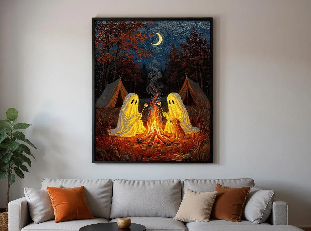 Cozy Ghost Camping Print | Halloween Campfire Wall Art | Autumn Forest Ghosts Roasting Marshmallows | Fall Digital Download - image 5