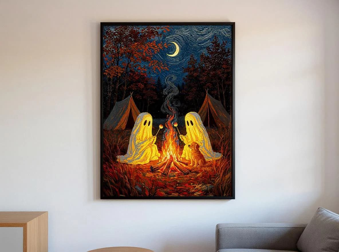 Cozy Ghost Camping Print | Halloween Campfire Wall Art | Autumn Forest Ghosts Roasting Marshmallows | Fall Digital Download