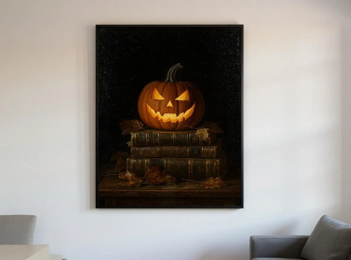 Jack-O'-Lantern Still Life Print | Dark Academia Halloween Wall Art | Vintage Books Pumpkin Decor | Gothic Autumn Digital Download
