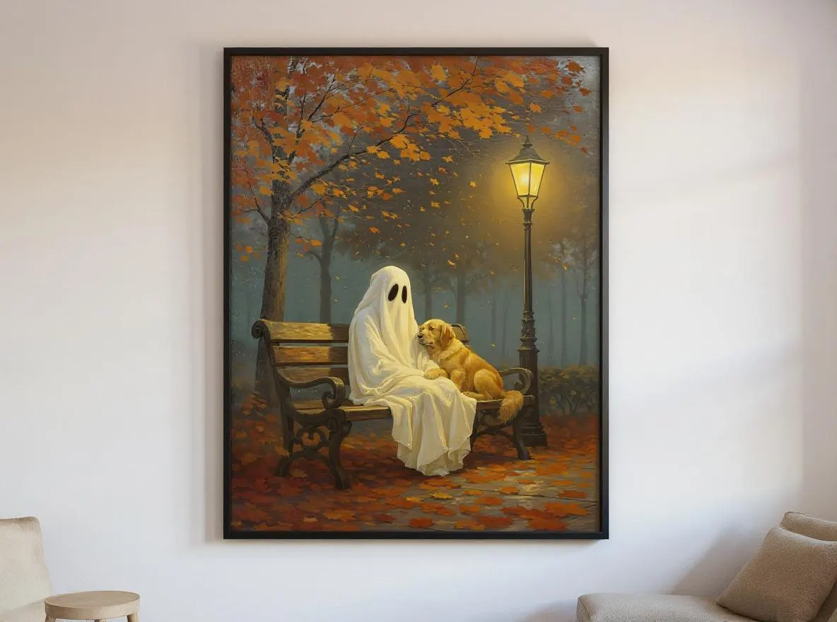 Ghost and Golden Retriever Art Print | Cozy Halloween Wall Decor | Whimsical Autumn Dog Lover Gift | Fall Digital Download