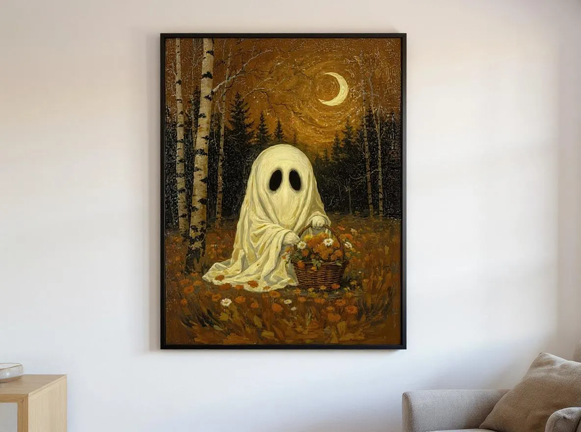 Cute Ghost Wall Art | Autumn Forest Halloween Print | Whimsical Ghost with Flowers | Cottagecore Fall Decor | Digital Download