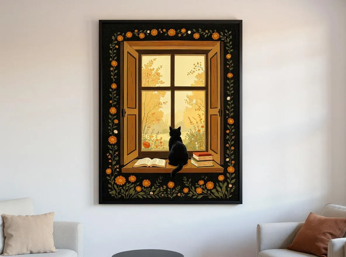 Black Cat Window Print | Cottagecore Bookish Wall Art | Autumn Folk Art Digital Download | Cozy Reading Nook Decor | Moody Cat Art