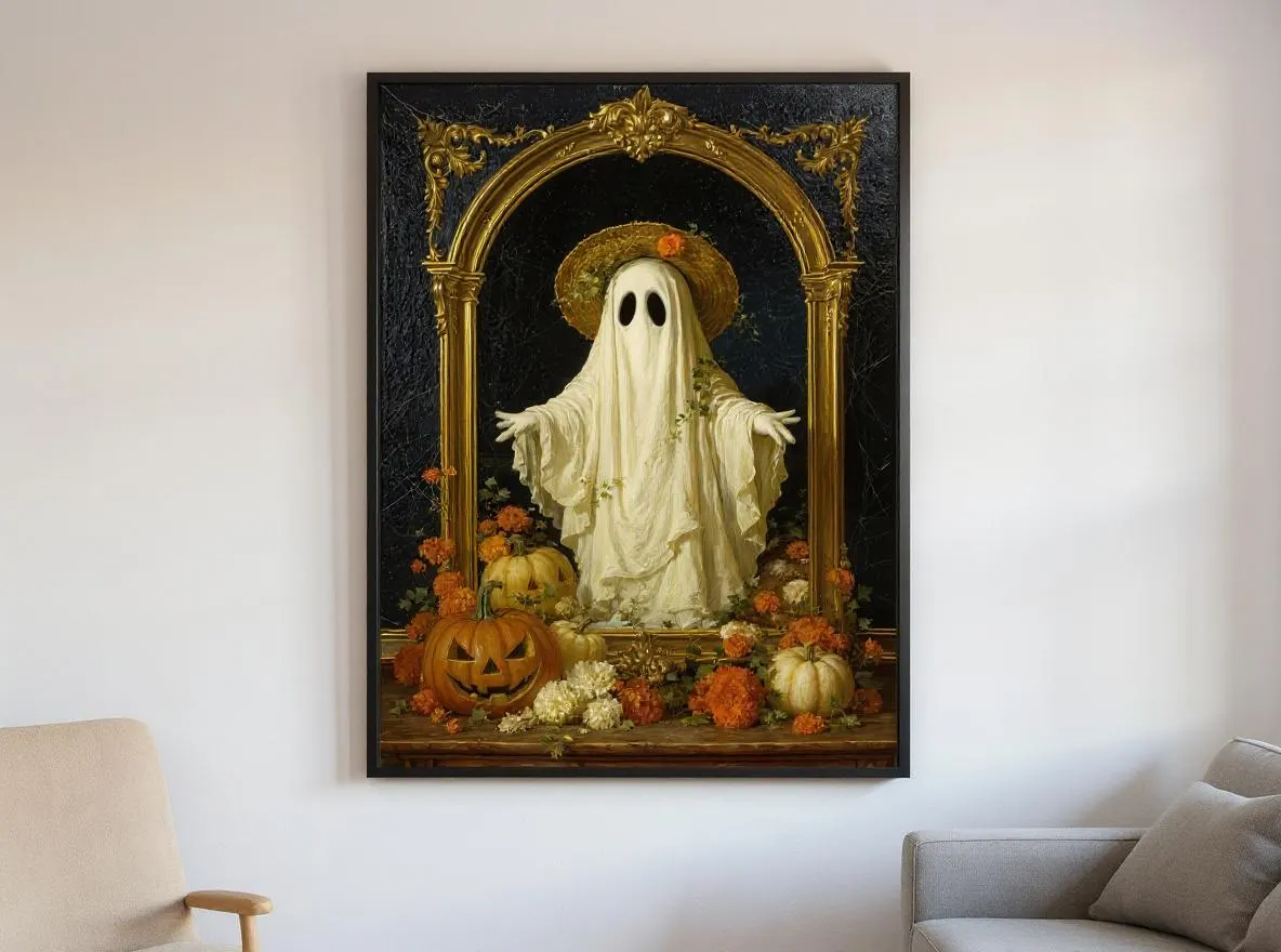 Vintage Ghost Halloween Print | Whimsical Straw Hat Ghost Wall Art | Cottagecore Fall Decor | Cozy Autumn Digital Download