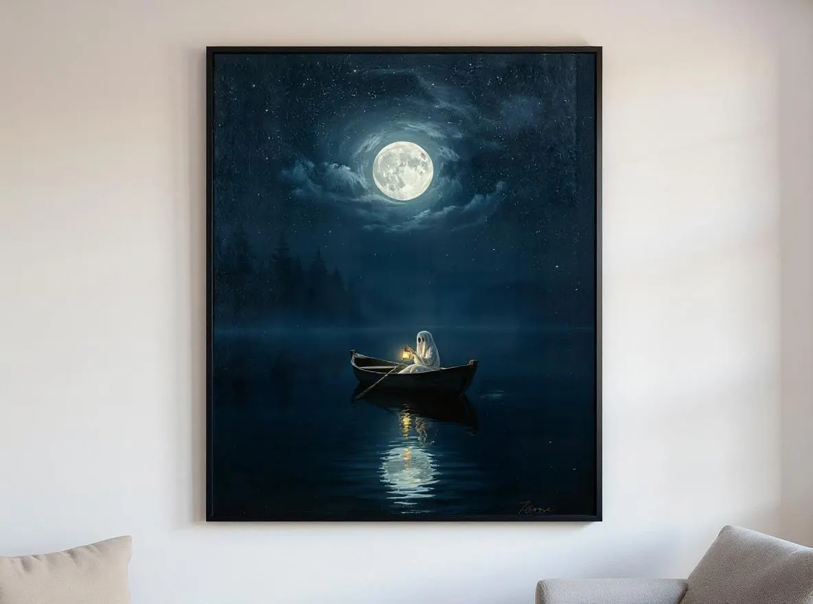 Ghost in Rowboat Print | Moonlit Lake Wall Art | Halloween Digital Download | Cute Ghost with Lantern | Spooky Night Printable