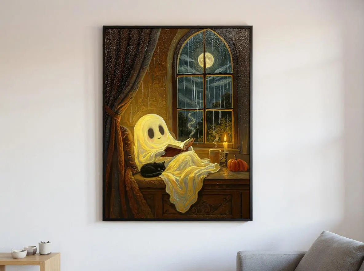 Cozy Ghost Reading Print | Cute Halloween Wall Art | Ghost and Black Cat Poster | Moody Autumn Digital Download