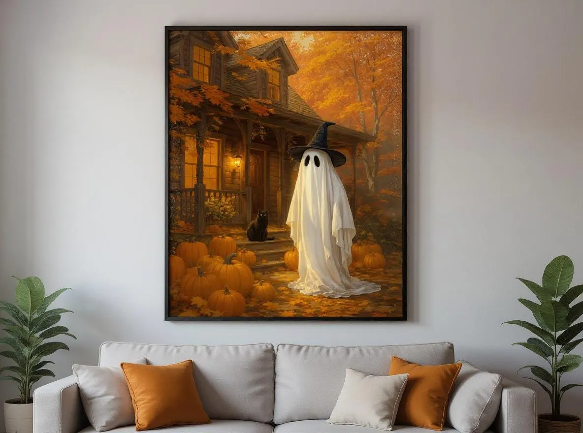 Halloween Ghost Print | Witch Hat Ghost & Black Cat Wall Art | Cottagecore Fall Pumpkin Decor | Rustic Autumn Printable Download - image 4