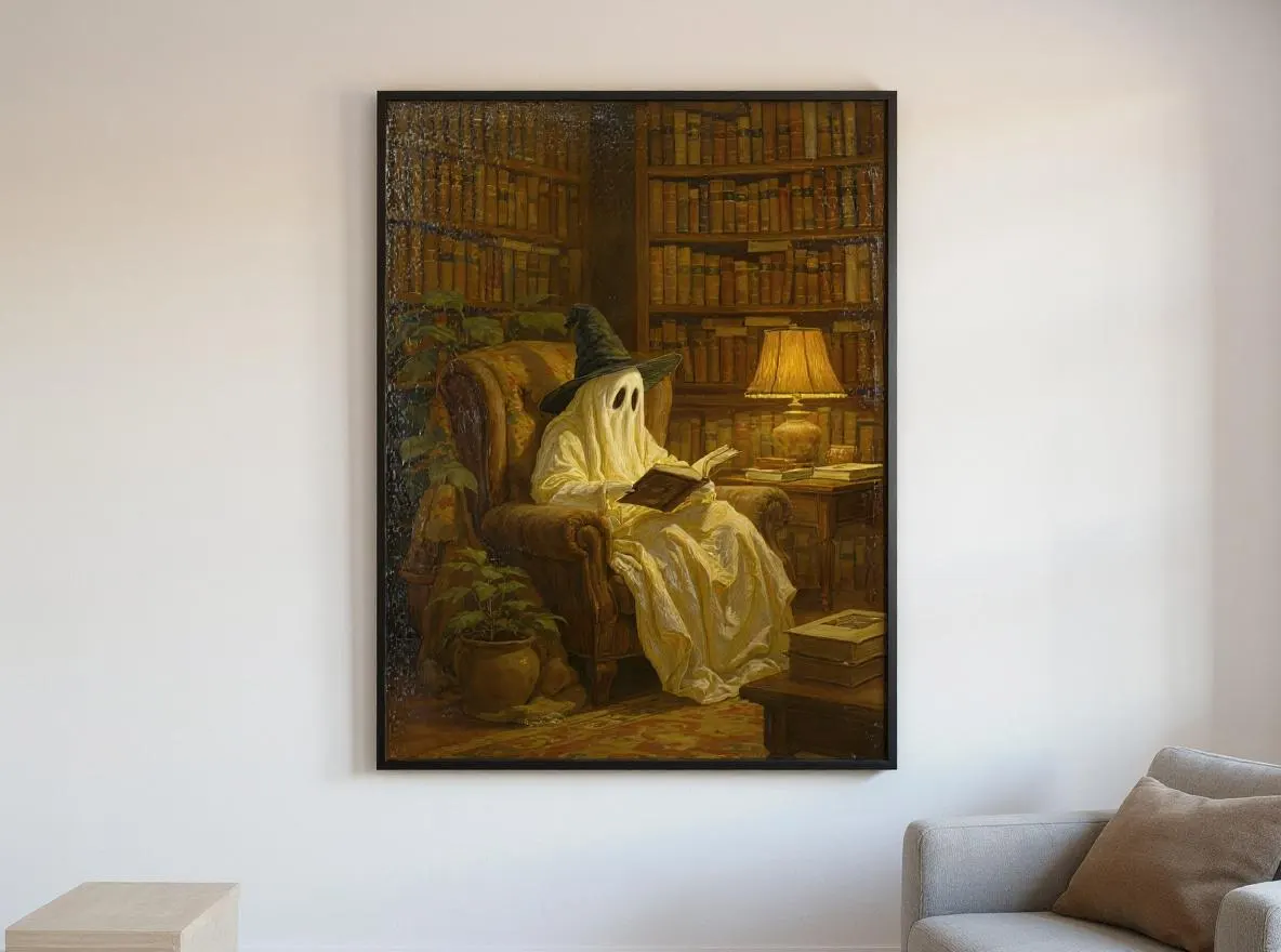 Cozy Ghost Reading Print | Witch Hat Ghost Library Wall Art | Halloween Oil Painting | Bookish Digital Download