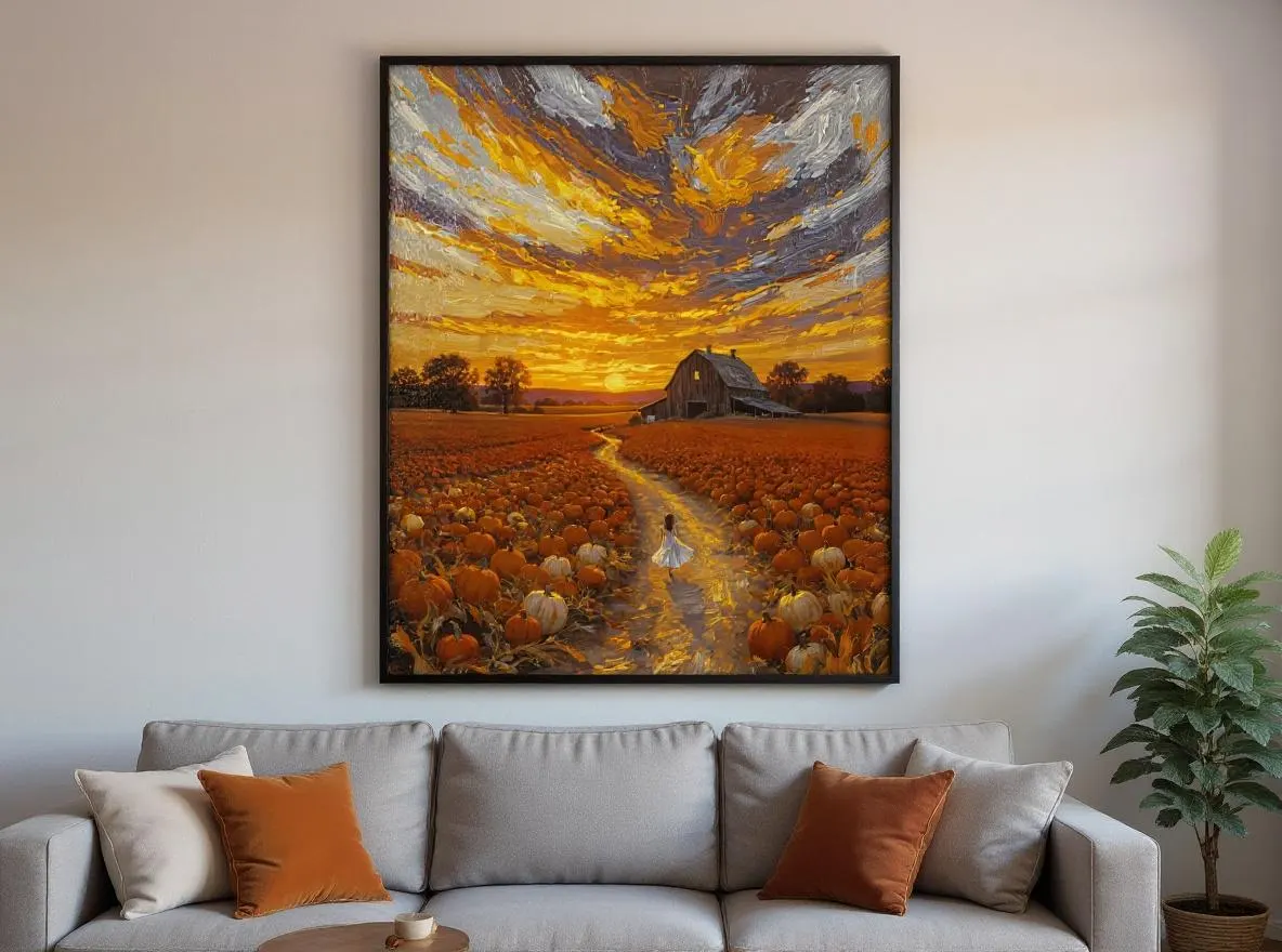 Pumpkin Patch Sunset Print | Impressionist Autumn Landscape Wall Art | Rustic Barn Fall Decor | Cottagecore Printable Digital Download - image 4