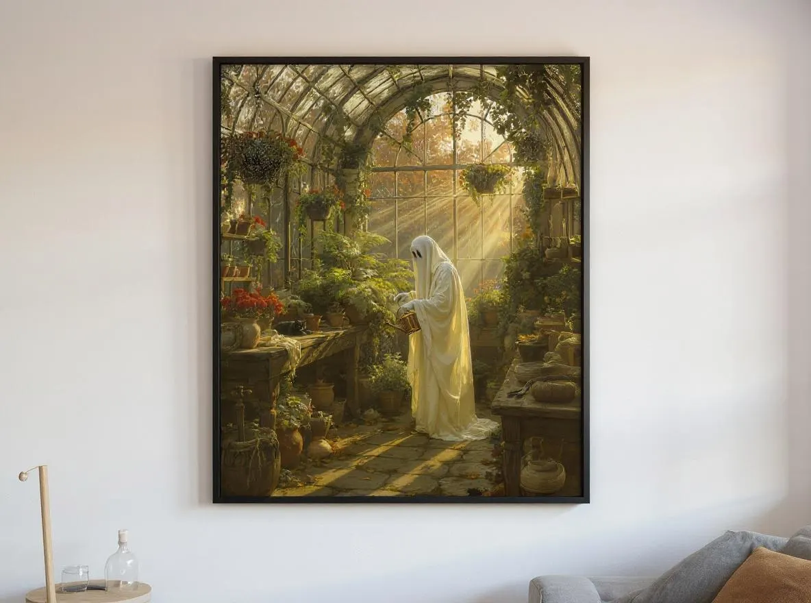 Ghost in Greenhouse Print | Cozy Autumn Wall Art | Cute Halloween Ghost Watering Plants | Whimsical Cottagecore Digital Download