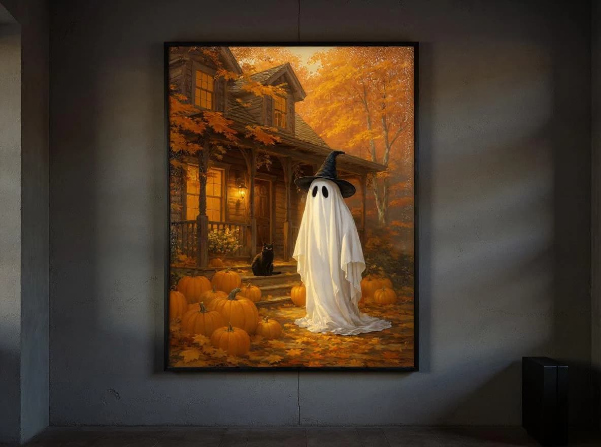 Halloween Ghost Print | Witch Hat Ghost & Black Cat Wall Art | Cottagecore Fall Pumpkin Decor | Rustic Autumn Printable Download - image 3