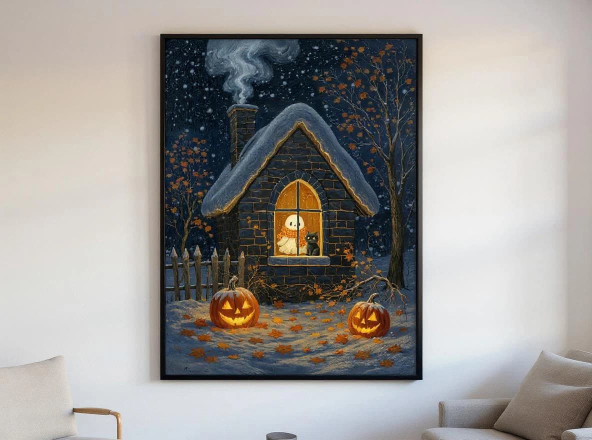 Cozy Ghost Cottage Print | Halloween Wall Art | Cute Black Cat & Jack-o-Lantern | Autumn Snow Night | Folk Art Digital Download