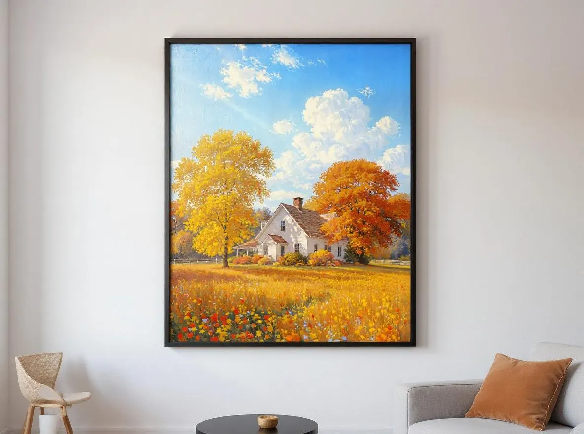 Autumn Farmhouse Wall Art | White Country House Printable | Fall Landscape Print | Impressionist Autumn Digital Download
