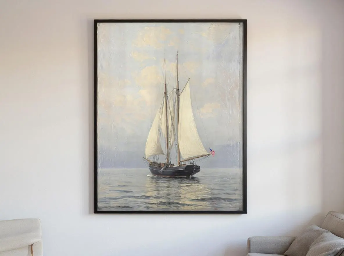 Schooner Sailboat Print | Nautical Wall Art | Classic Ship Painting | American Flag Sailing Boat | Coastal Digital Download