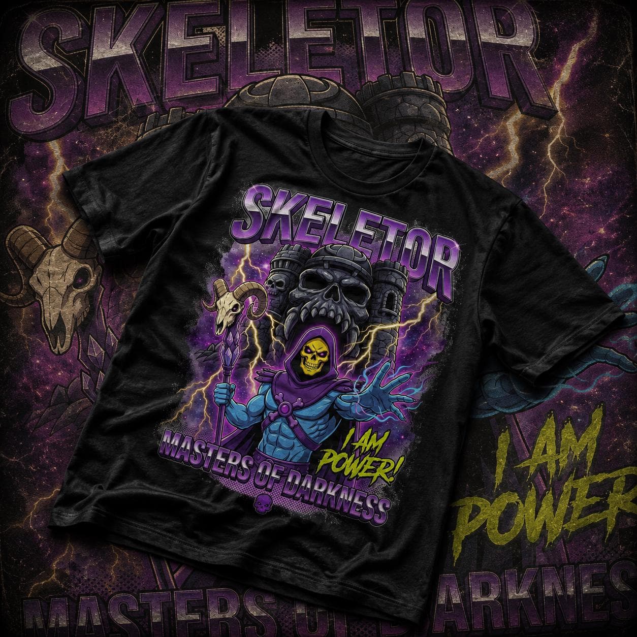 Skeletor vintage comic book cover style graphic t-shirt featuring the iconic skull-faced villain in bold retro comic artwork.