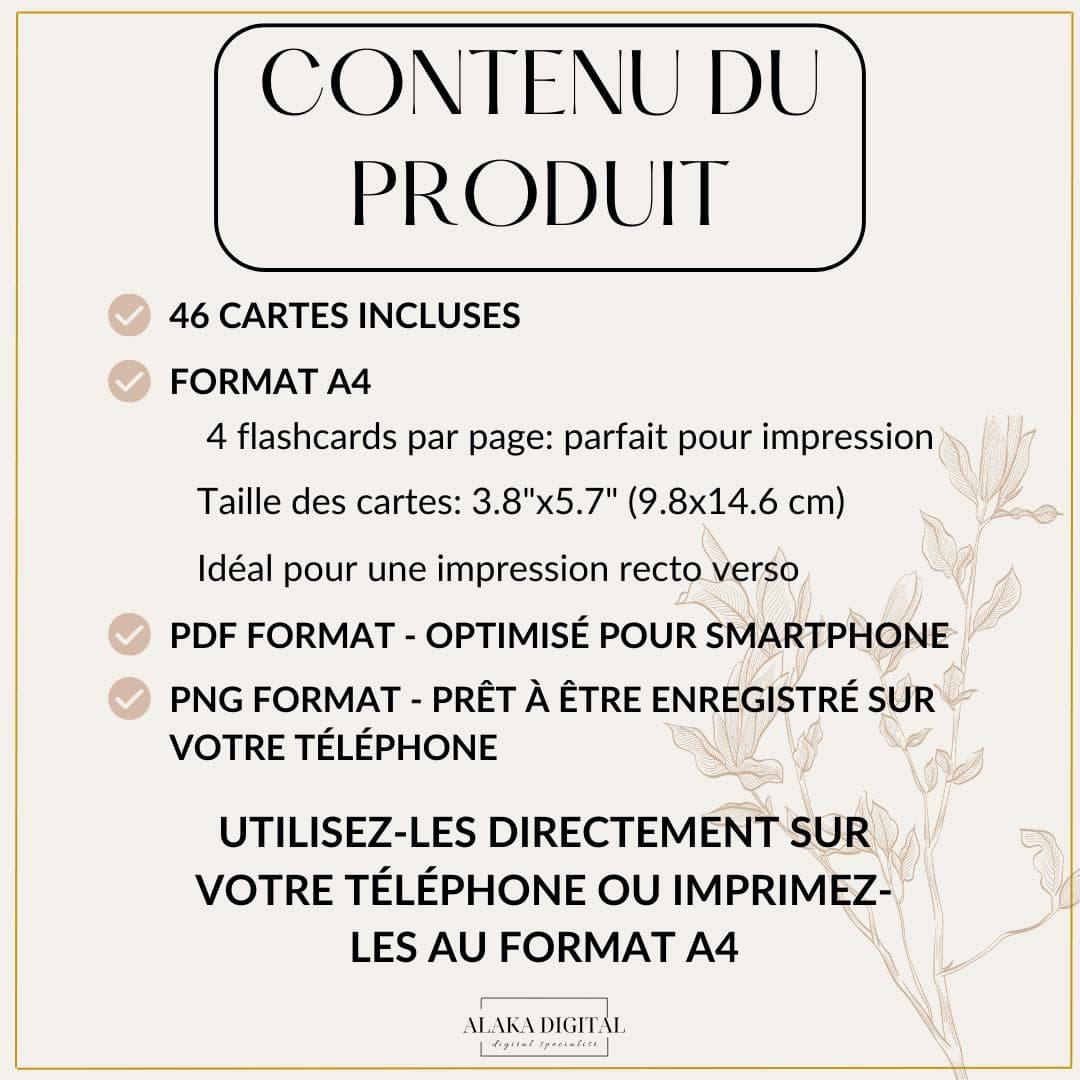 Product content details for Umrah guide flashcards. Includes 46 Islamic flashcards, A4 printable format, 4 cards per page (3.8"x5.7"), PDF optimized for smartphone, PNG ready for phone download. Perfect Muslim gift, Eid Umrah gift, Hajj Umrah gift, Umrah Mubarak gift, Umrah printable, Umrah checklist, Umrah preparation guide. Ideal for Muslim planner, Guide de la Omra, dua cards, and Islamic Eid gift. Instant download available.