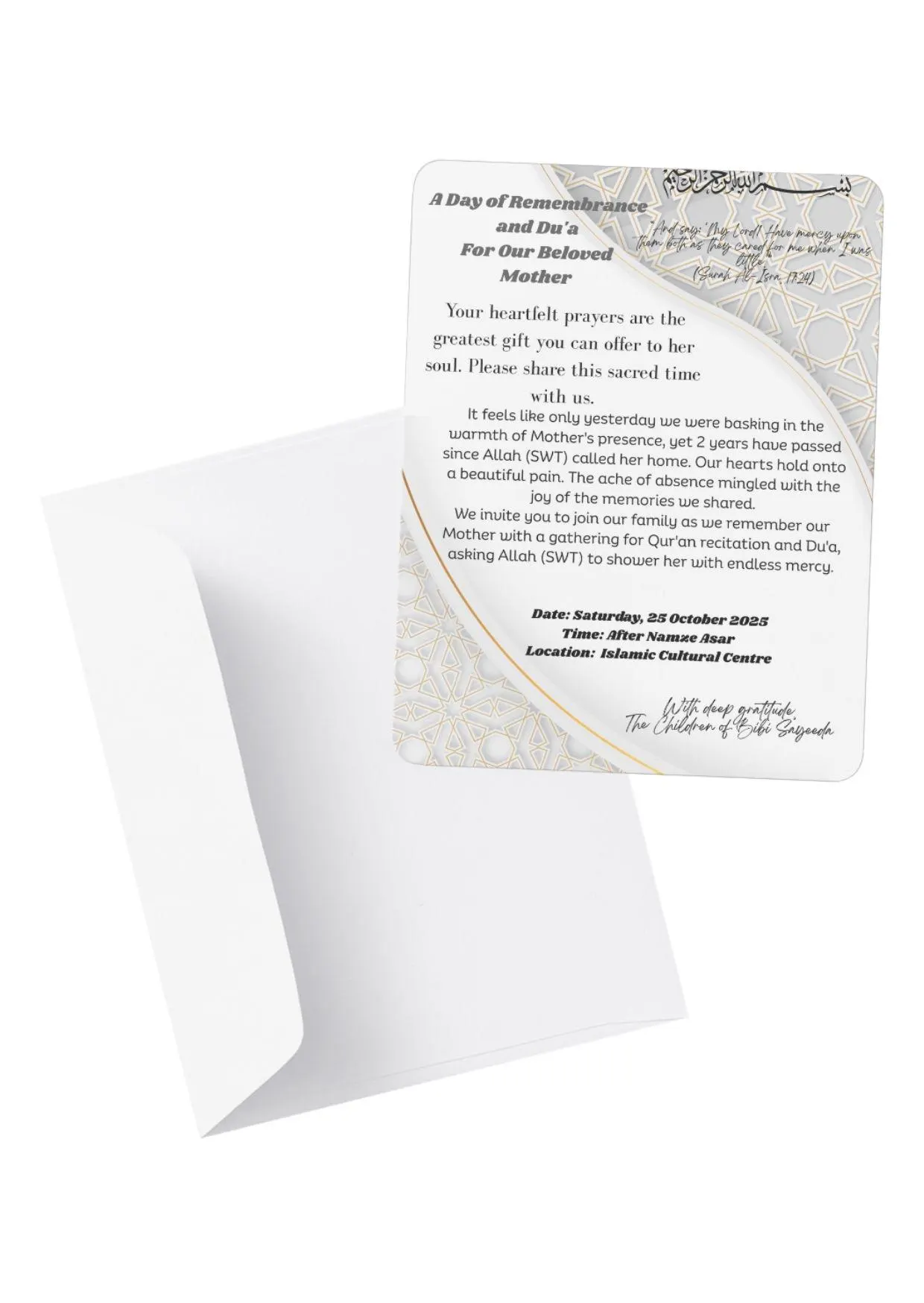 Editable Mother’s Death Anniversary Invitation Card | Royal Gold and white Design | Dua & Fatiha Gathering - image 3