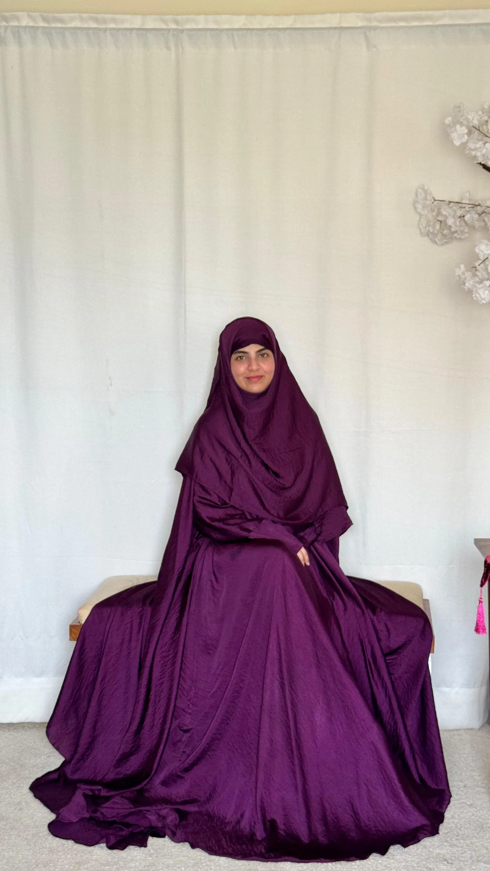 Purple Korean Silk Abaya Gown: 4-Piece Muslim Women's Modest Dress - image 4
