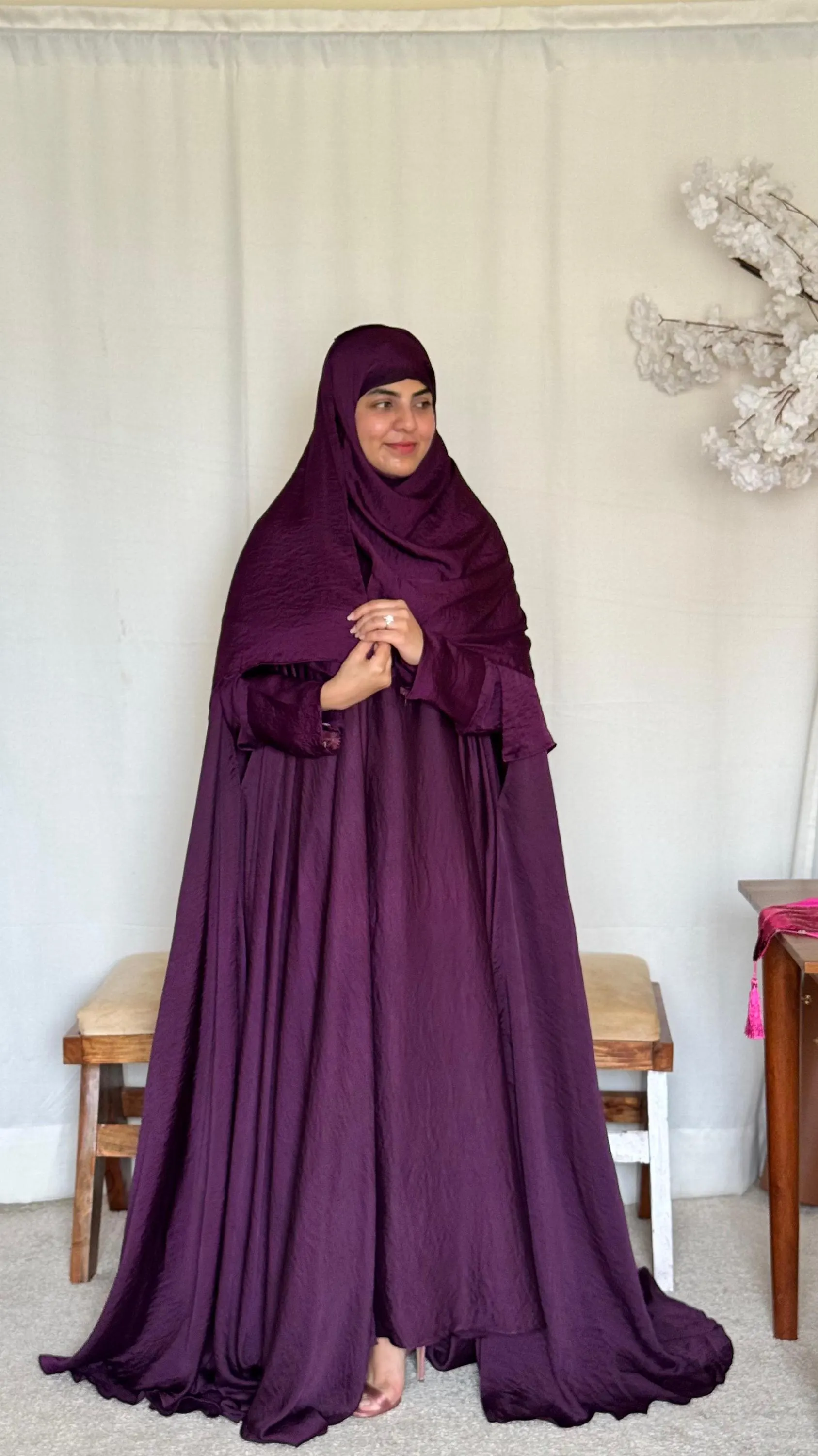 Purple Korean Silk Abaya Gown: 4-Piece Muslim Women's Modest Dress - image 3