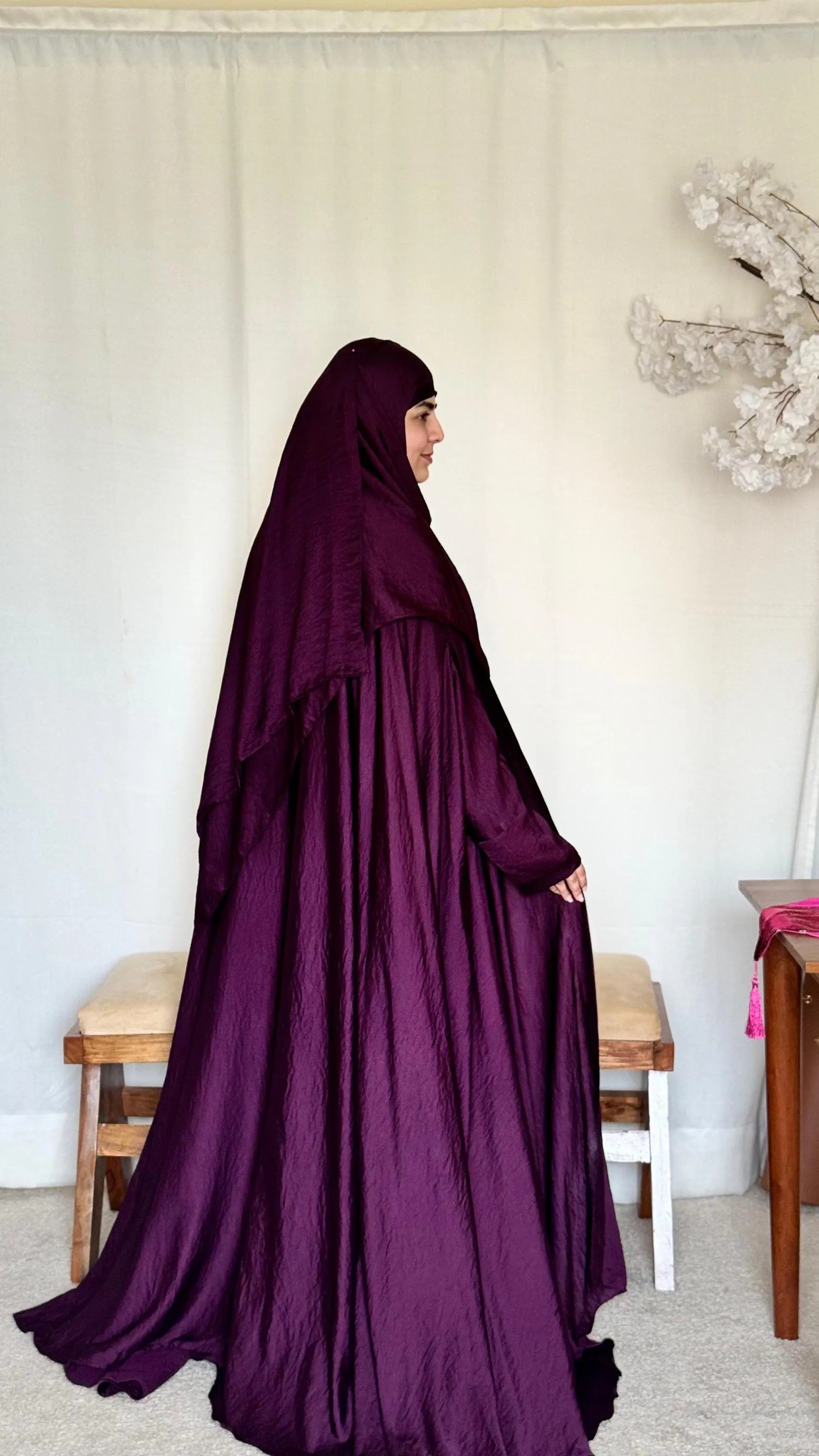 Purple Korean Silk Abaya Gown: 4-Piece Muslim Women's Modest Dress - image 5