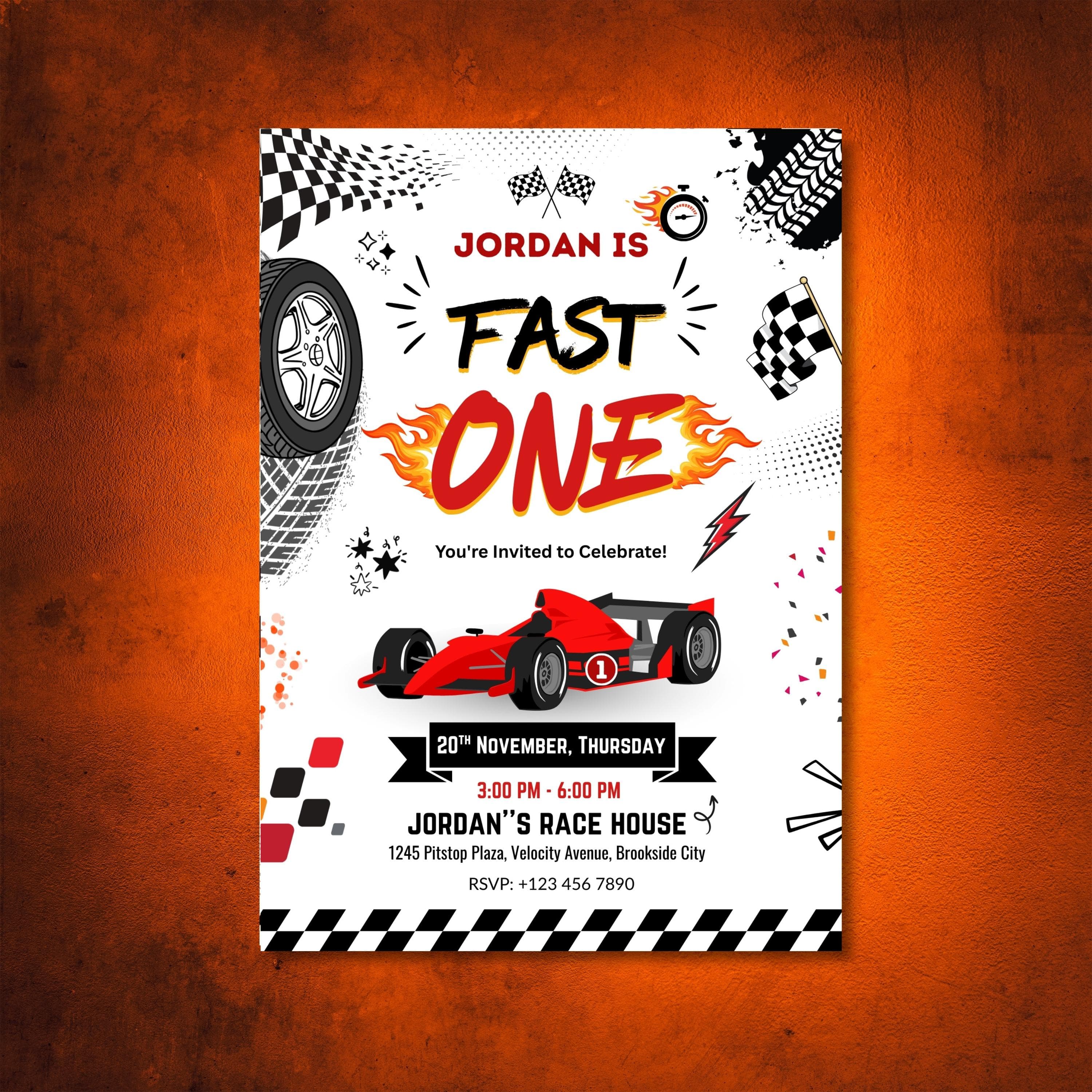Fast One Race Car Birthday Invitation | Editable Canva Template | First Birthday Invite - image 3