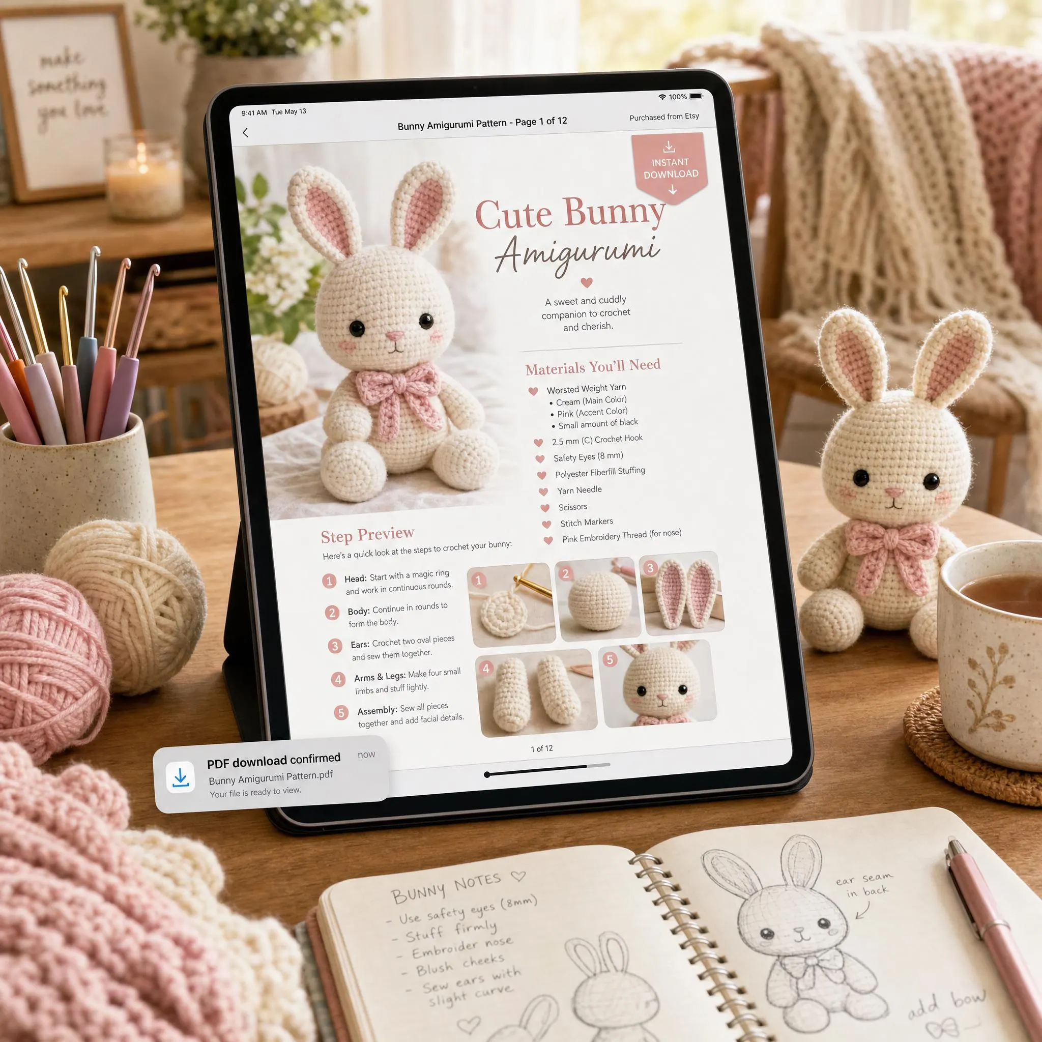Crochet Bunny Amigurumi Pattern, Beginner Friendly PDF Tutorial (Digital Download)