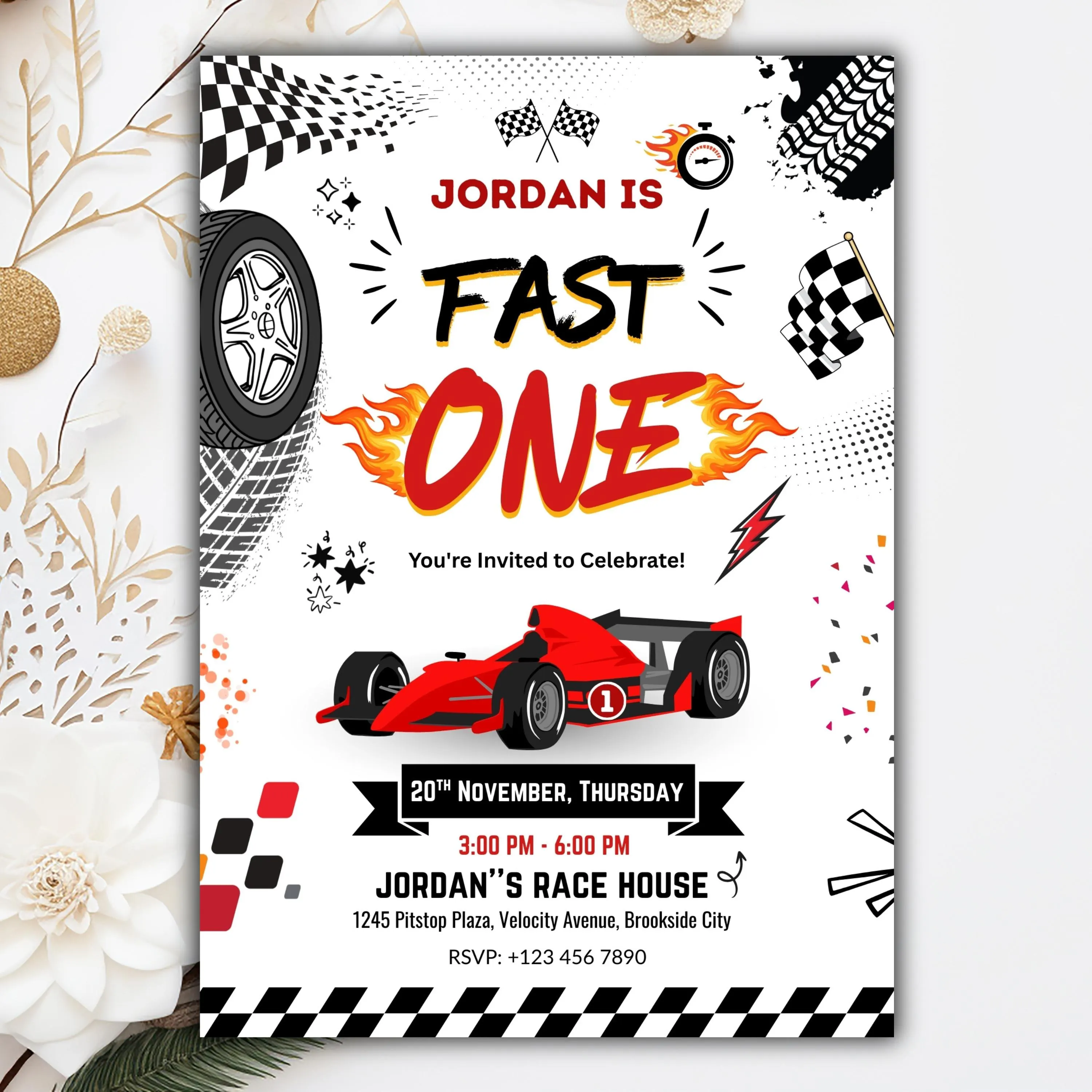 Fast One Race Car Birthday Invitation | Editable Canva Template | First Birthday Invite