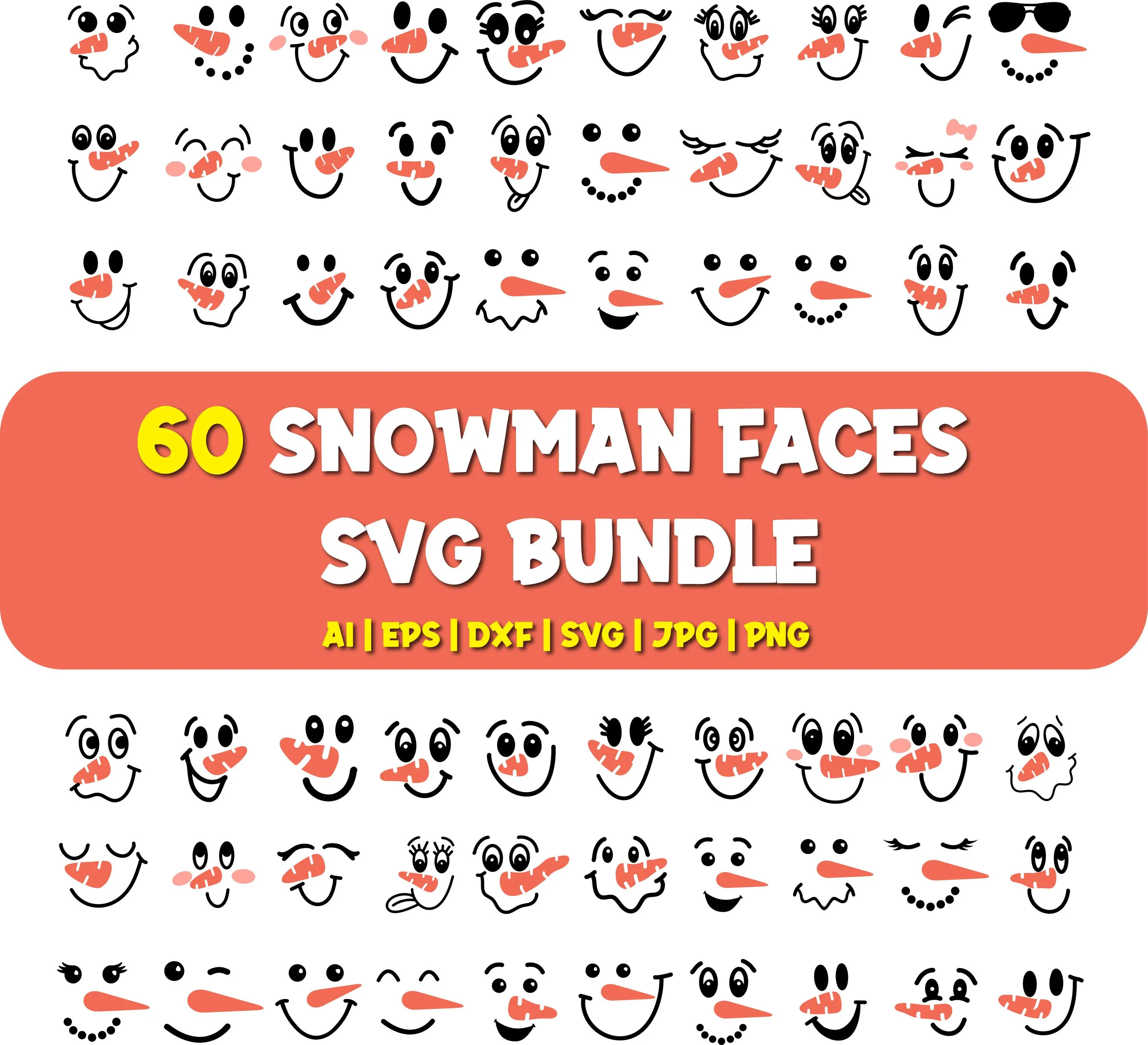 Snowman Faces SVG Bundle: 60 Winter Cut Files
