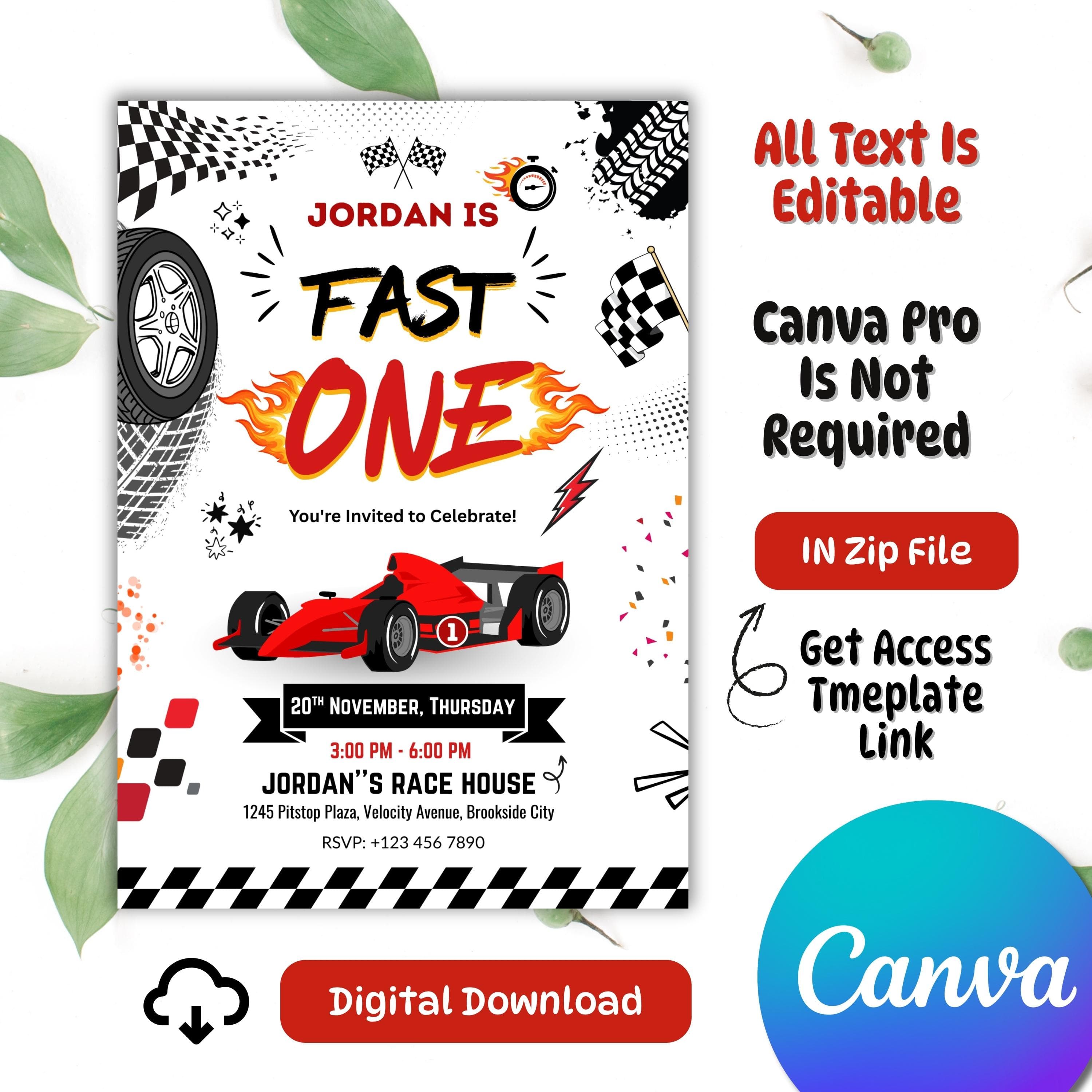 Fast One Race Car Birthday Invitation | Editable Canva Template | First Birthday Invite - image 2