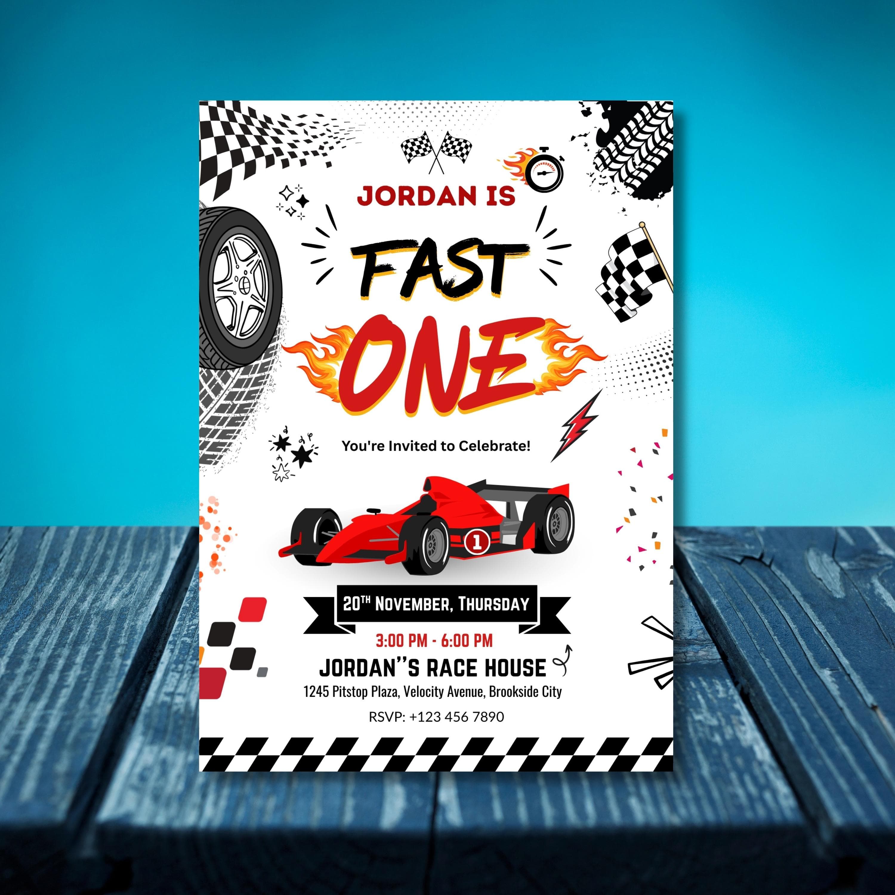 Fast One Race Car Birthday Invitation | Editable Canva Template | First Birthday Invite - image 4