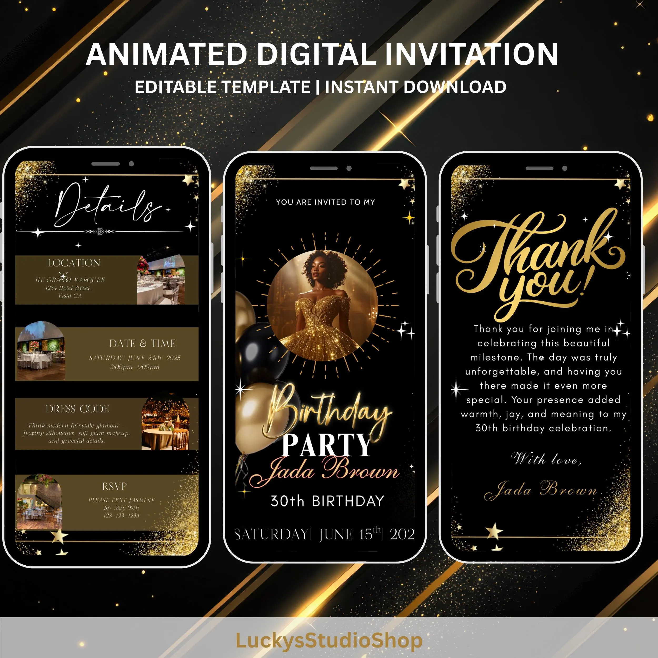 Black and Gold Birthday Dinner Video Invitation, Editable Canva Template (Digital Download) - image 2