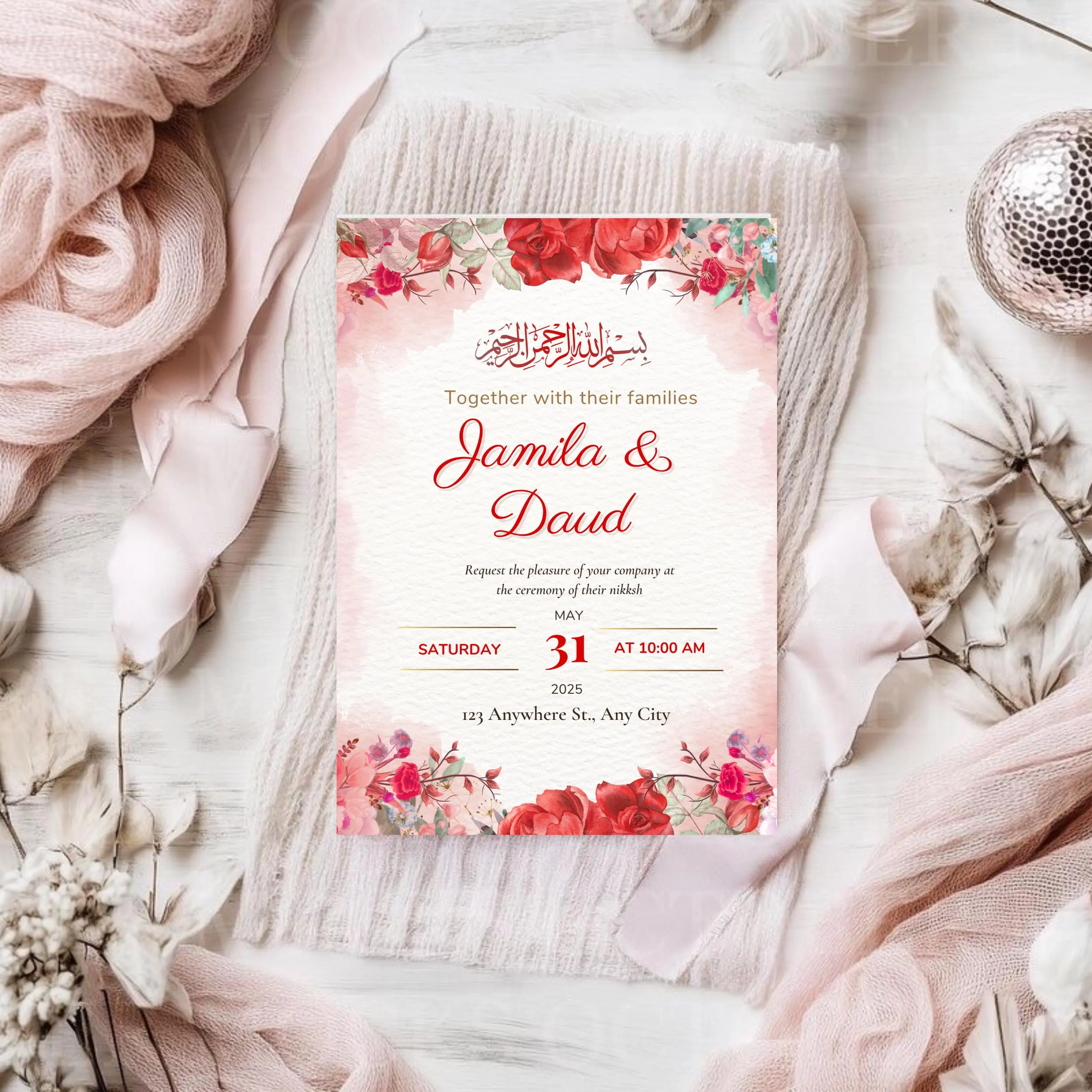 Floral Nikkah Invitation Template: Elegant Muslim Wedding (Canva Editable Digital Download)