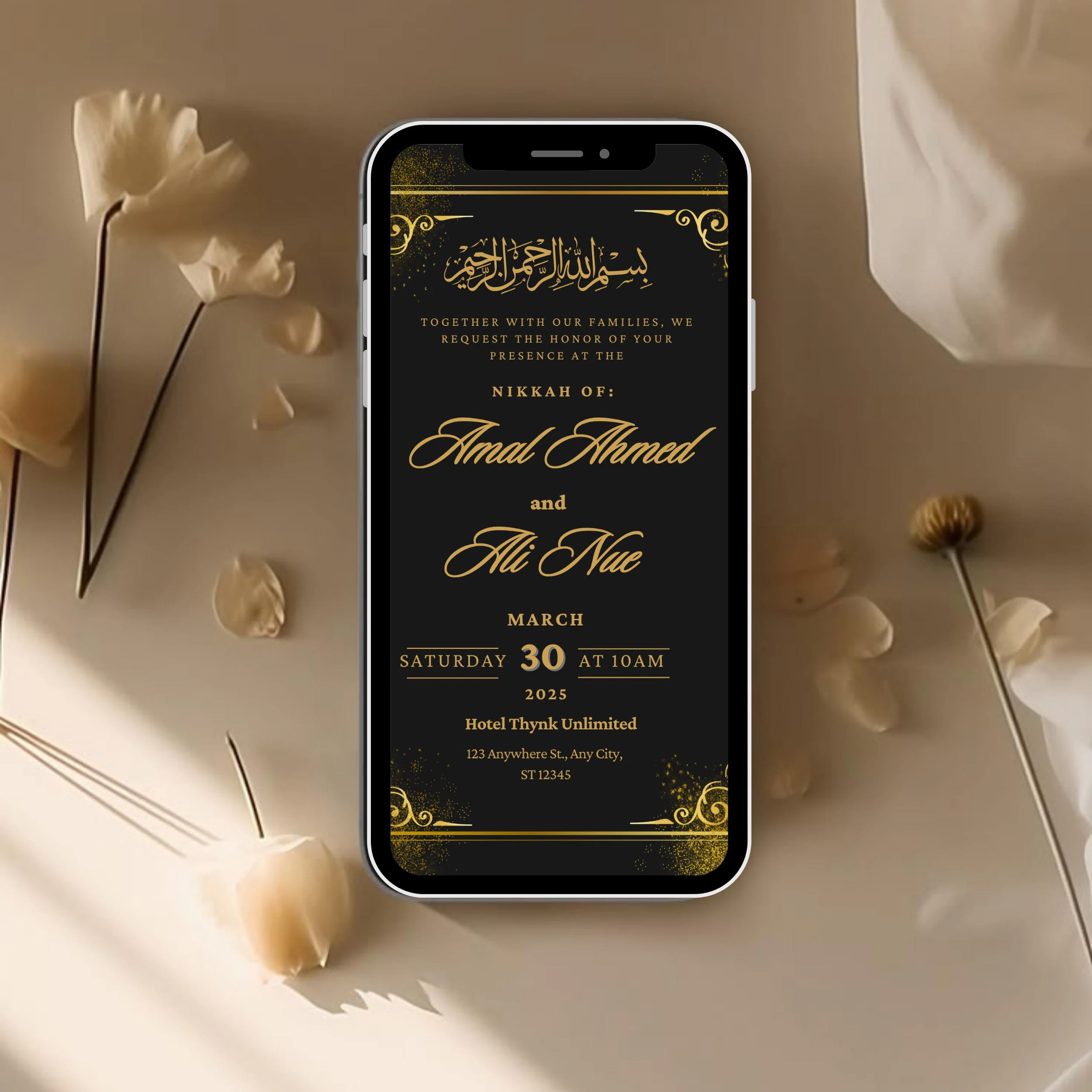Elegant Black & Gold Nikkah Invitation Template: Islamic Wedding Card (Digital Download 5x7 inches) - image 4