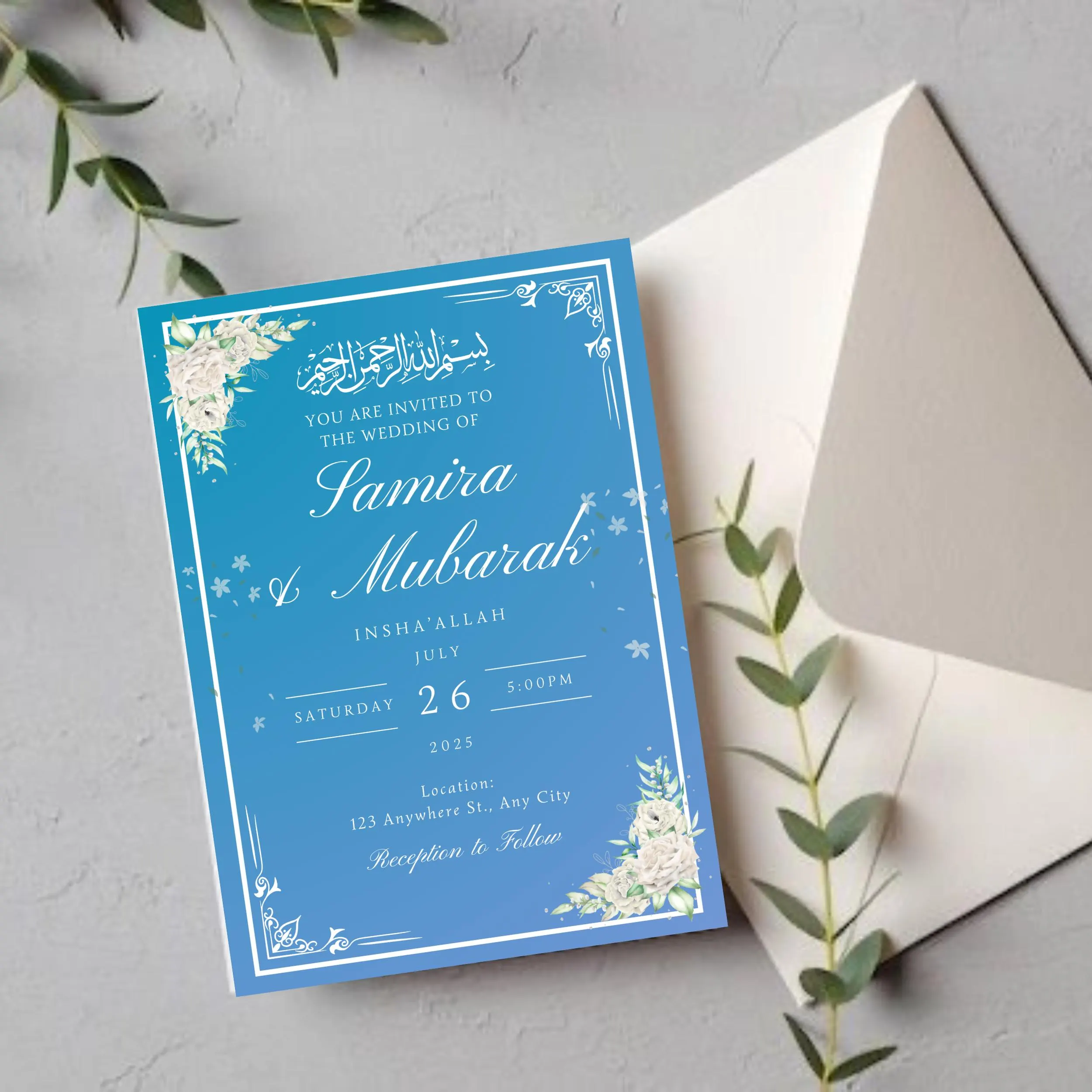 Floral Nikkah Invitation Template: Elegant Blue & White (Digital) - image 2