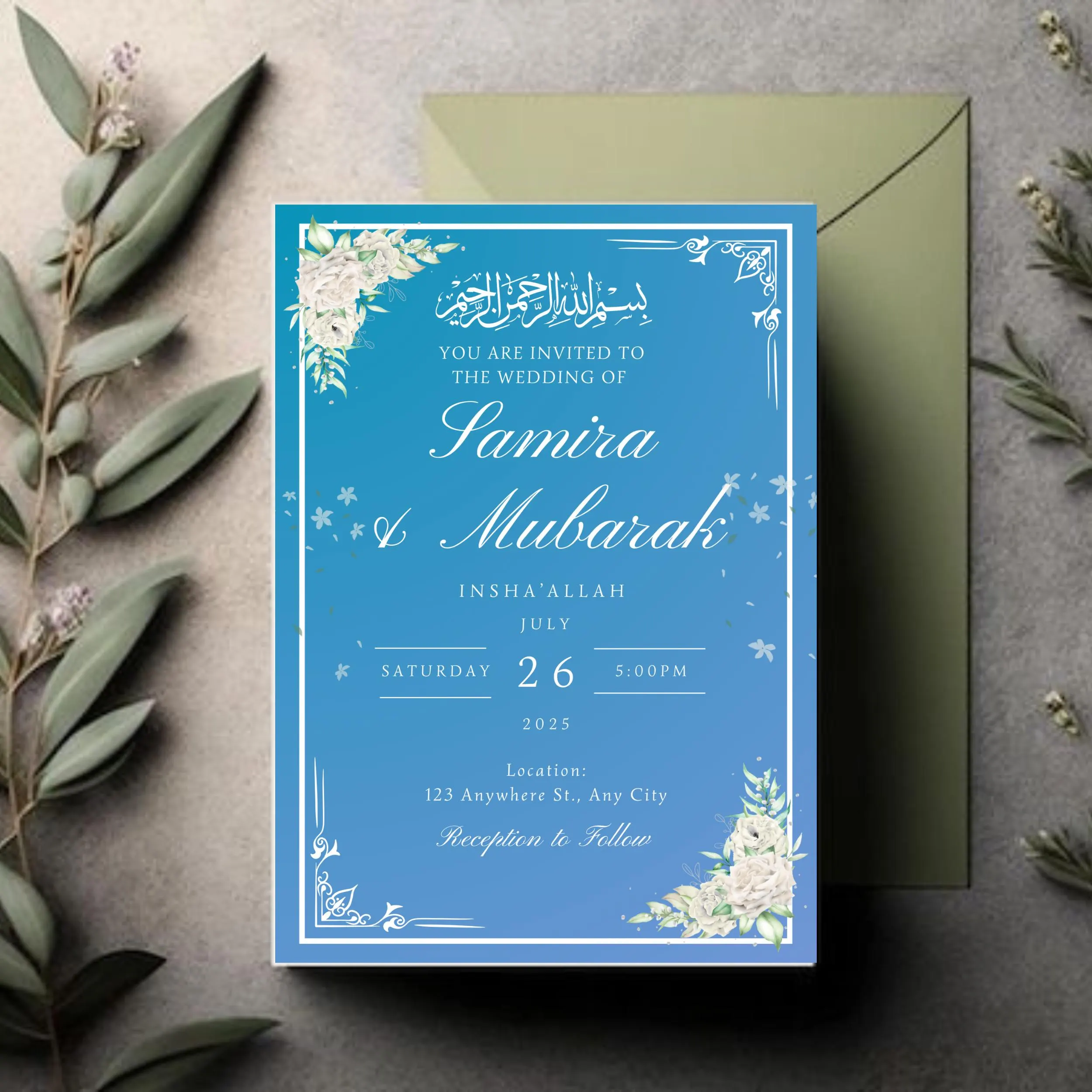 Floral Nikkah Invitation Template: Elegant Blue & White (Digital) - image 4