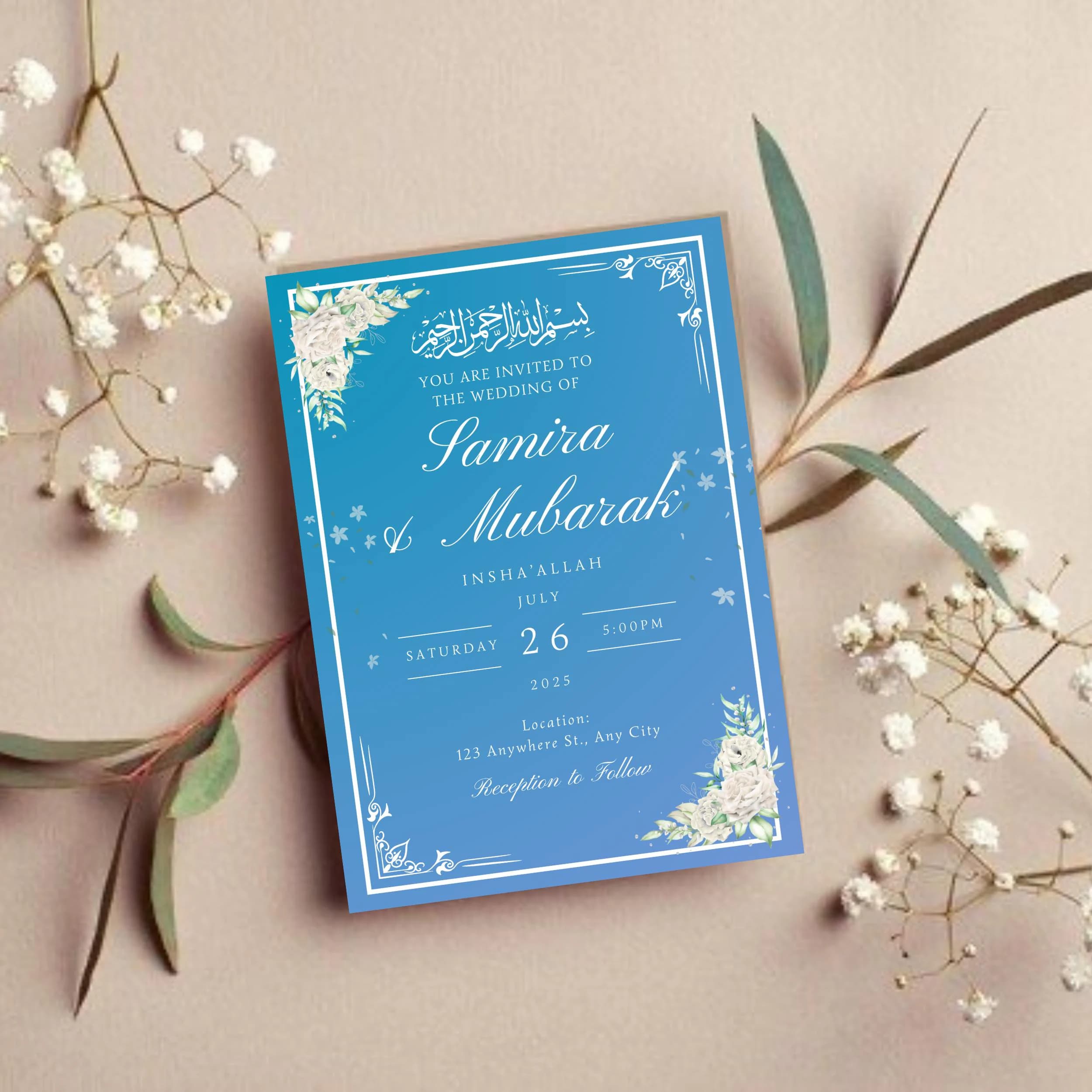 Floral Nikkah Invitation Template: Elegant Blue & White (Digital)