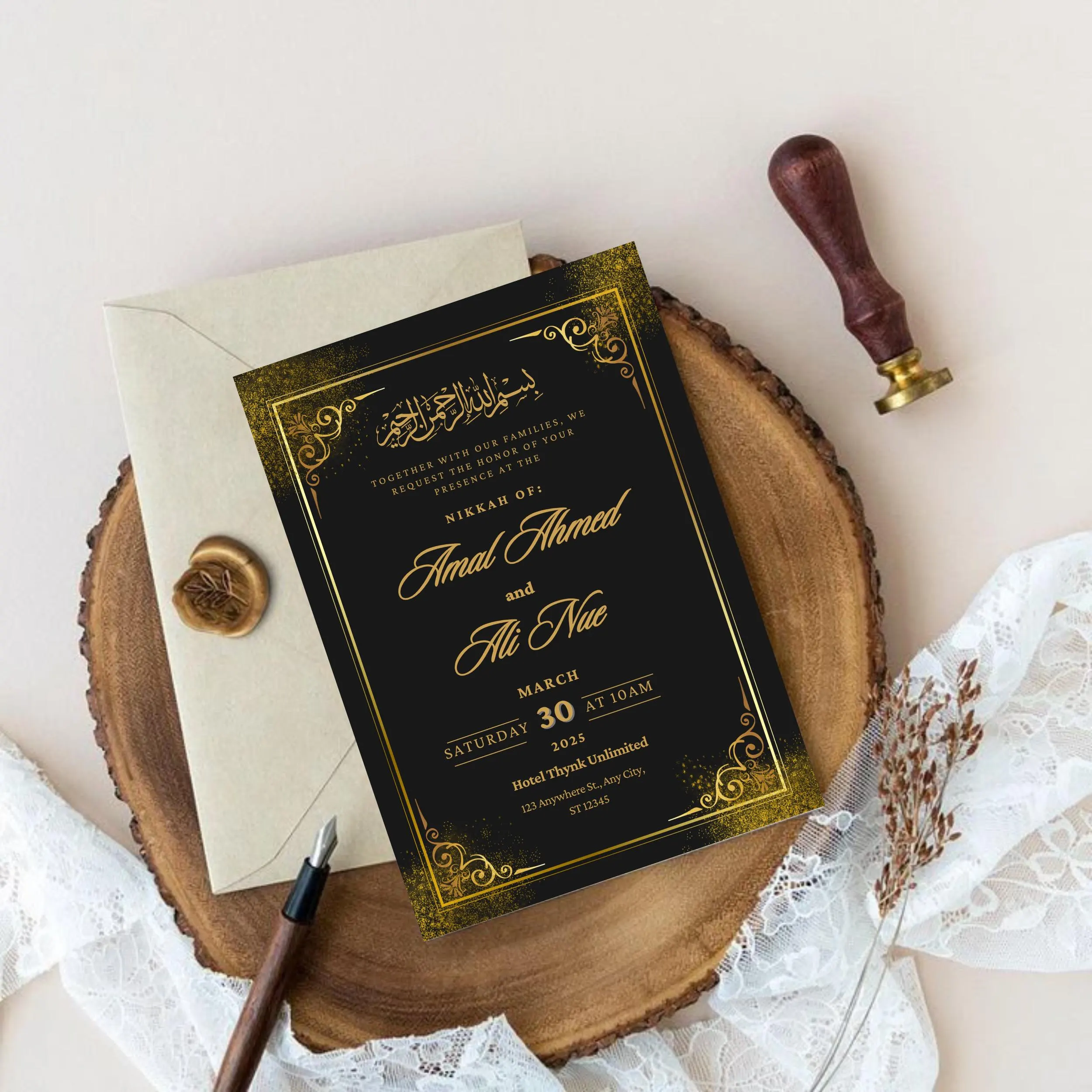 Elegant Black & Gold Nikkah Invitation Template: Islamic Wedding Card (Digital Download 5x7 inches)