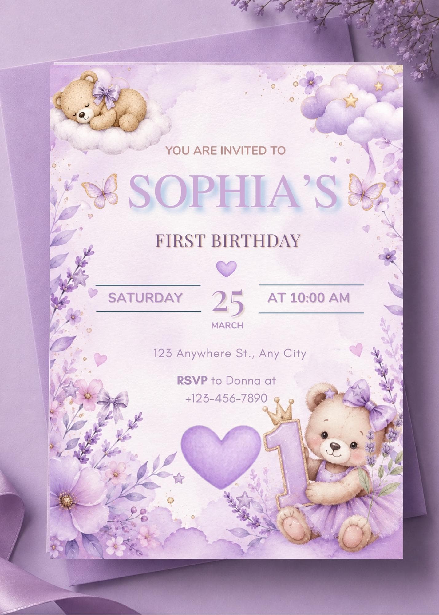 Lavender Baby First Birthday Invitation: Editable Invitation (Digital Download, Canva Template)