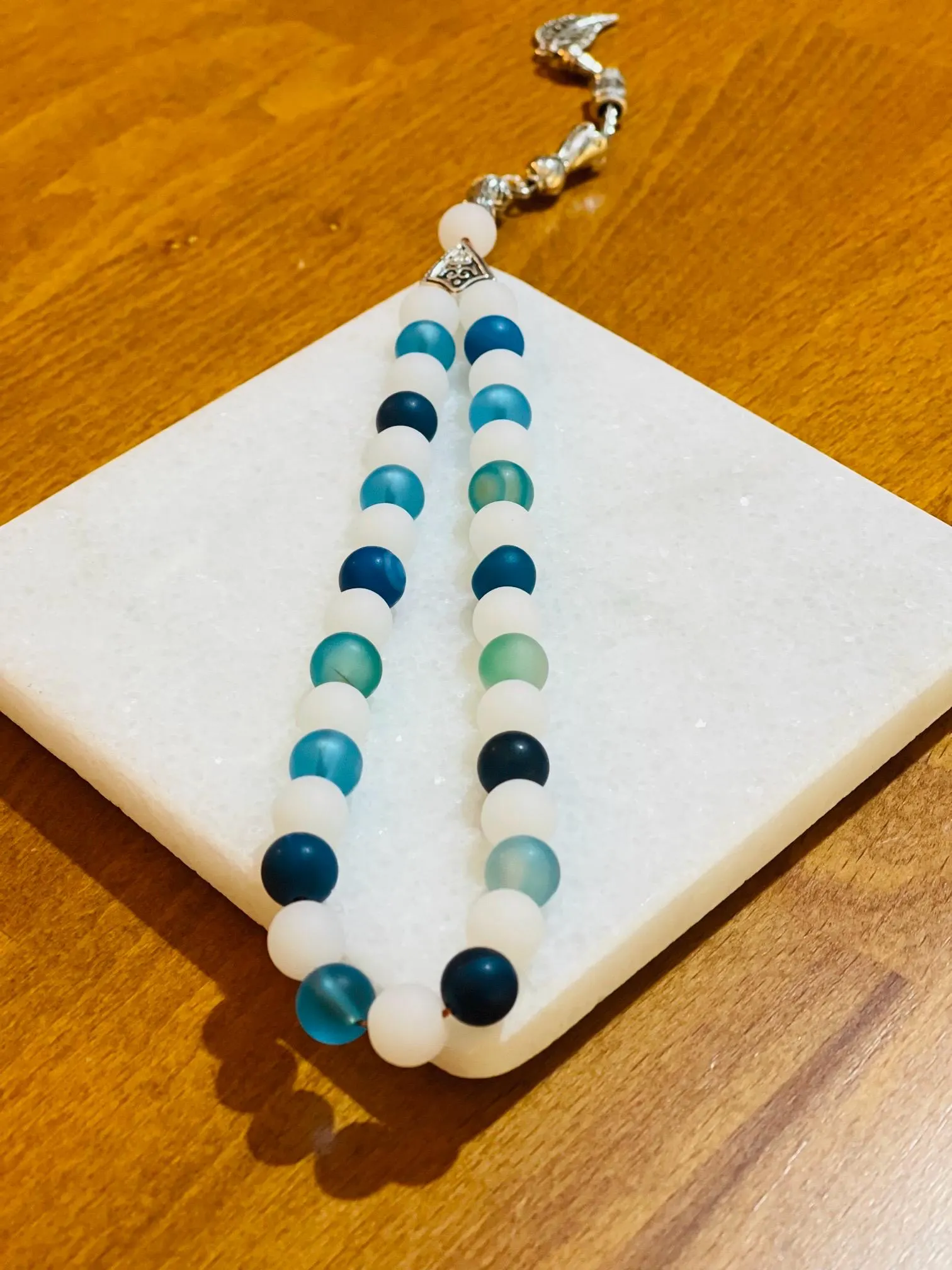 Blue & White Matte Glass Tasbih - 33 Bead Islamic Prayer Beads with Leaf Tassel - image 3