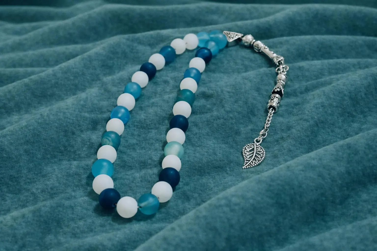 Blue & White Matte Glass Tasbih - 33 Bead Islamic Prayer Beads with Leaf Tassel