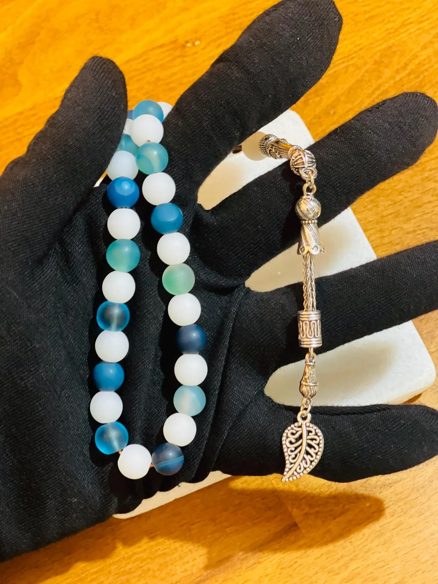 Blue & White Matte Glass Tasbih - 33 Bead Islamic Prayer Beads with Leaf Tassel - image 4