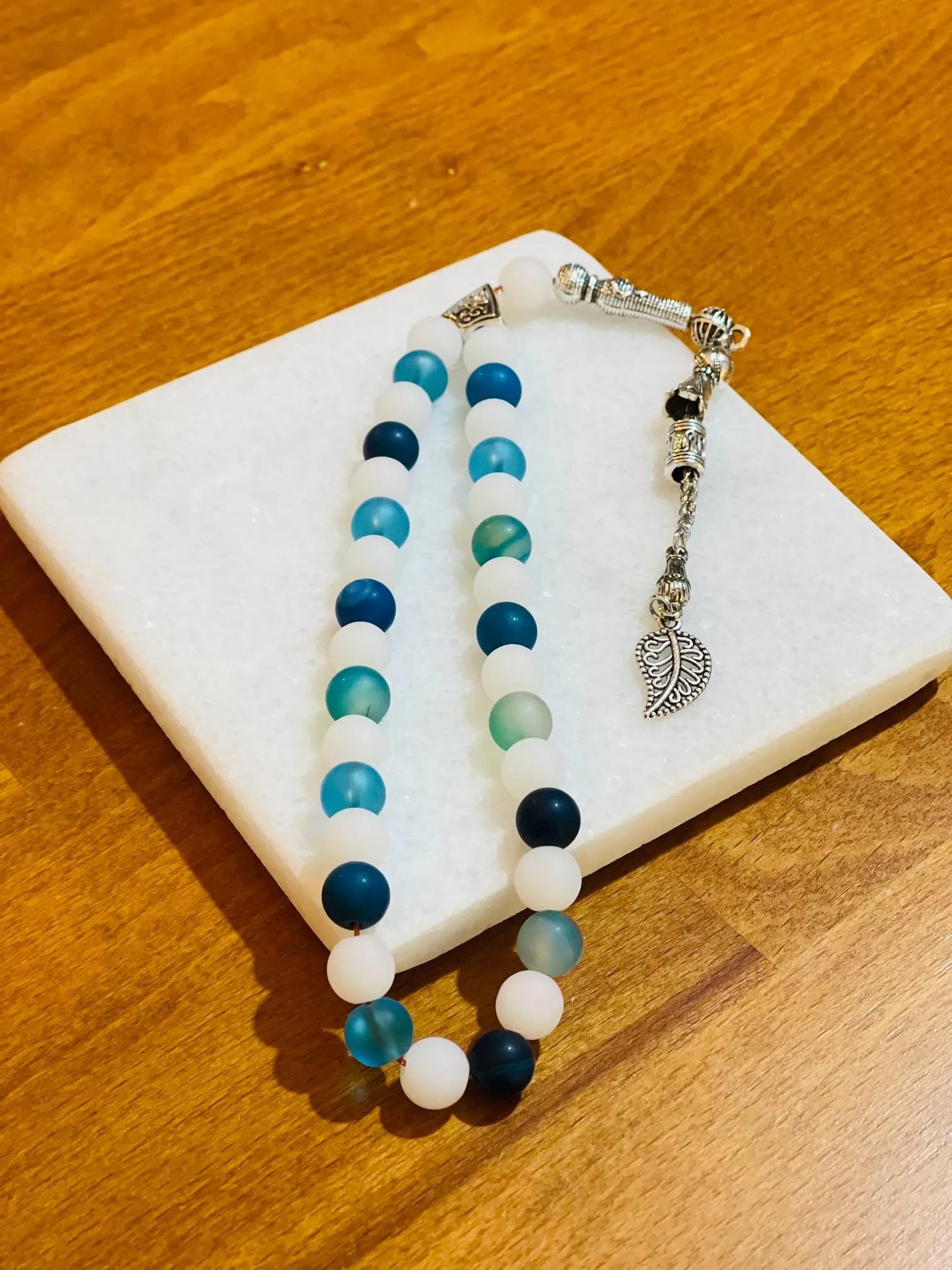 Blue & White Matte Glass Tasbih - 33 Bead Islamic Prayer Beads with Leaf Tassel - image 2