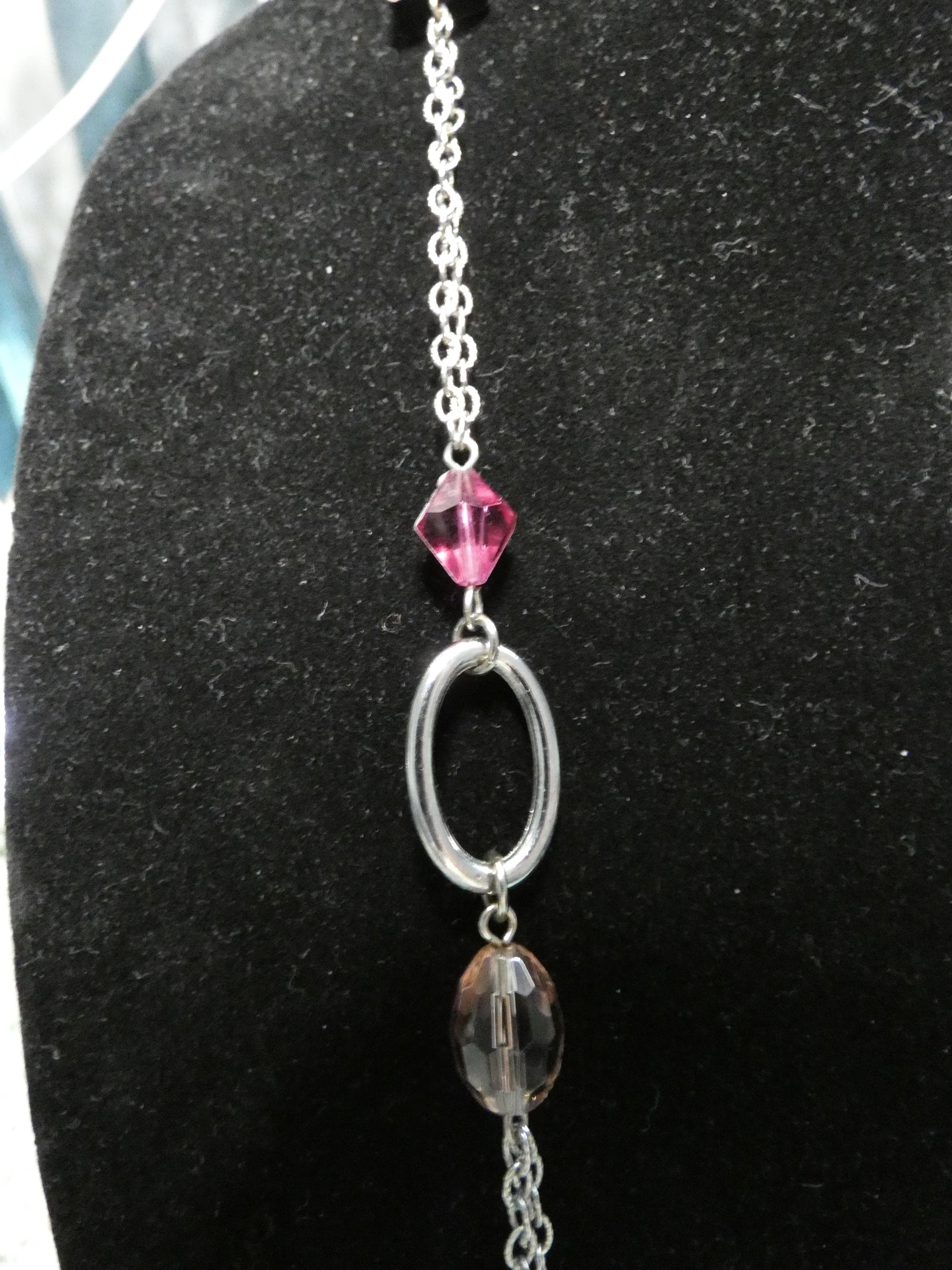 Vintage Lia Sophia Abalone Shell Necklace: Silver Tone Chain, Pink Glass Beads - image 4