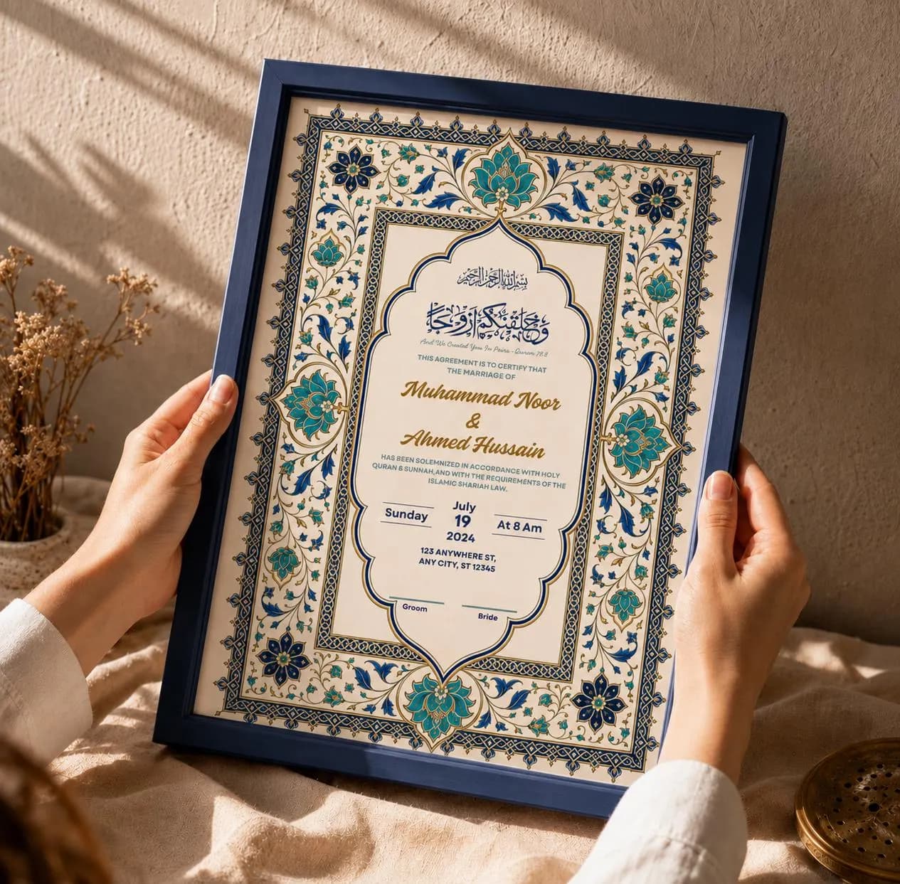 Luxury Nikkah Certificate Canva Template, Editable Muslim Wedding Contract, Islamic Nikah Nama, Blue Gold Floral Marriage Keepsake A3 A4 - image 3