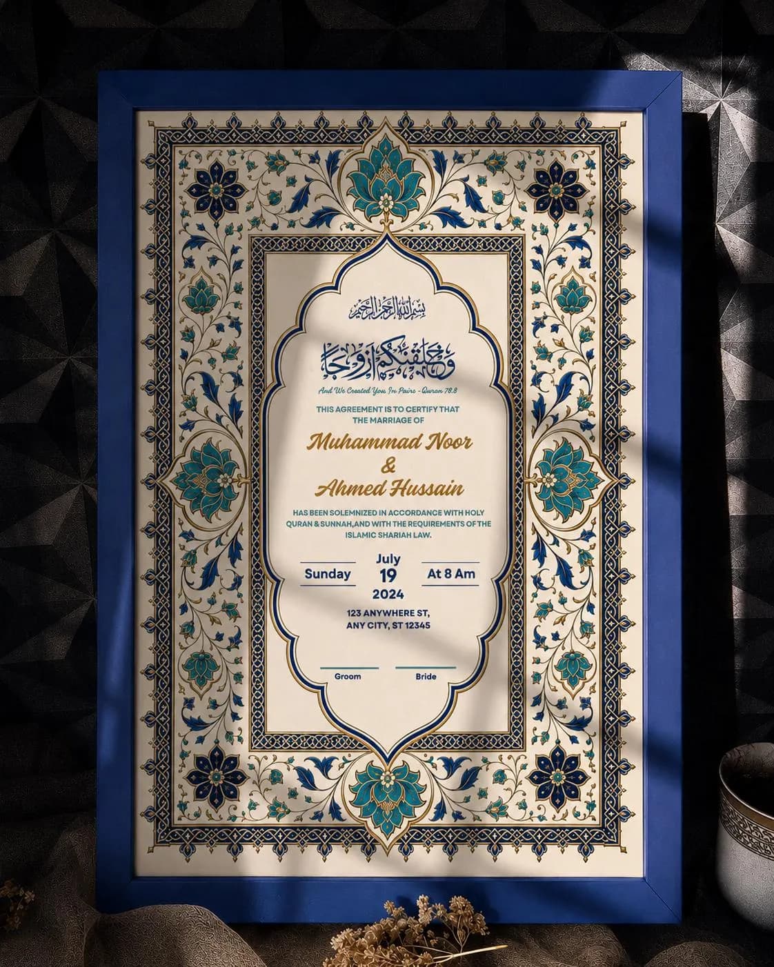 Luxury Nikkah Certificate Canva Template, Editable Muslim Wedding Contract, Islamic Nikah Nama, Blue Gold Floral Marriage Keepsake A3 A4